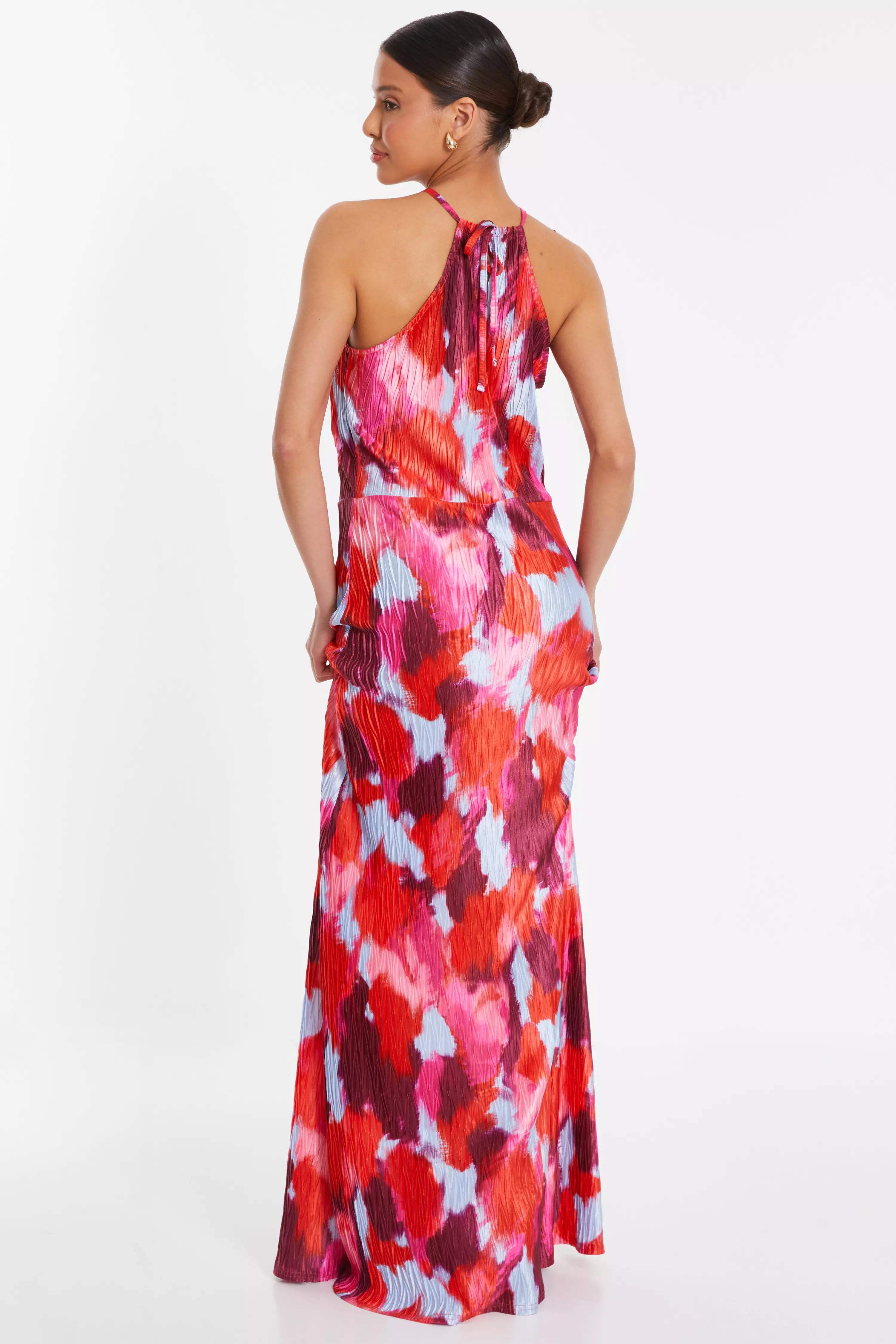 Red Abstract Print Pleated Maxi Dress