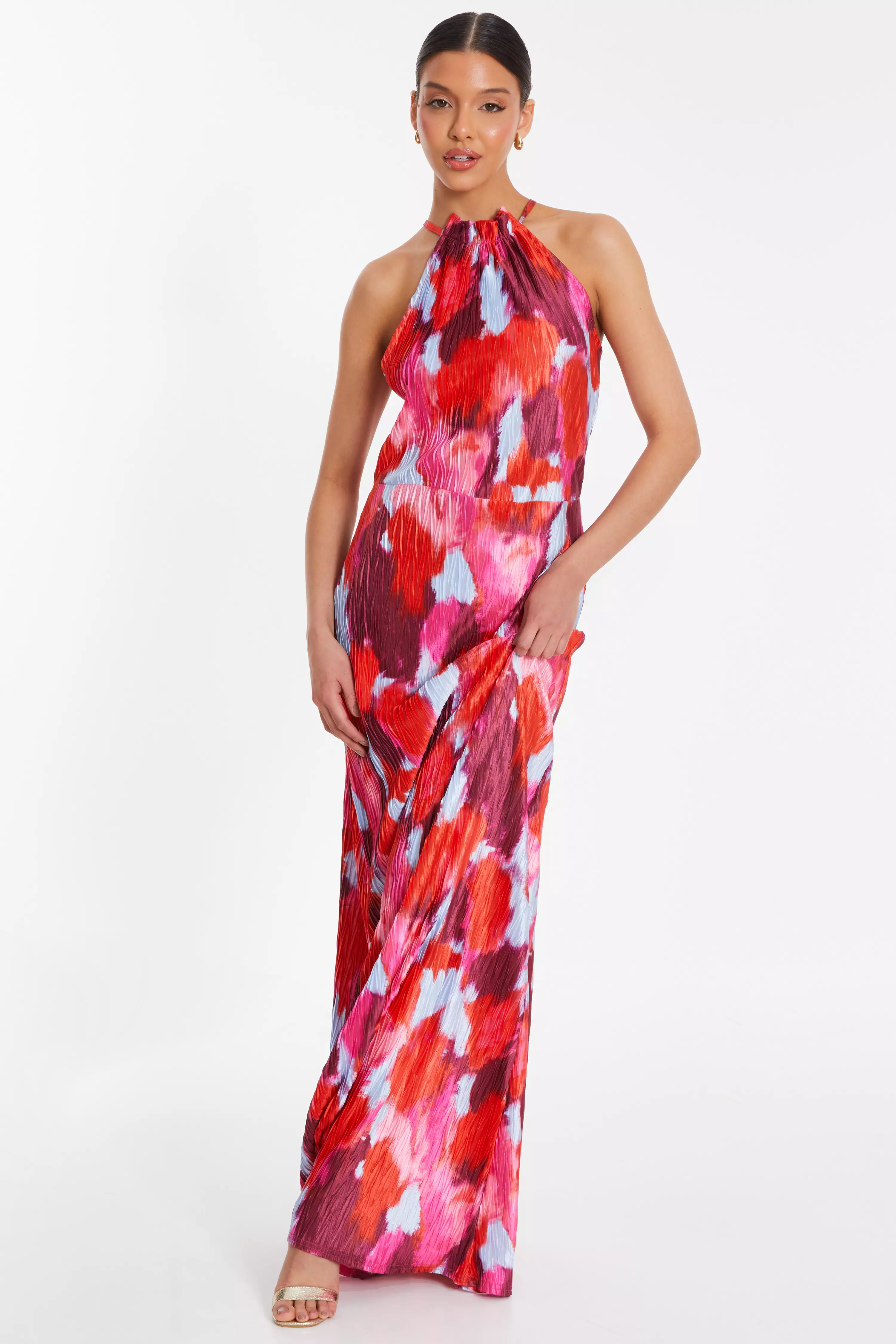 Red Abstract Print Pleated Maxi Dress