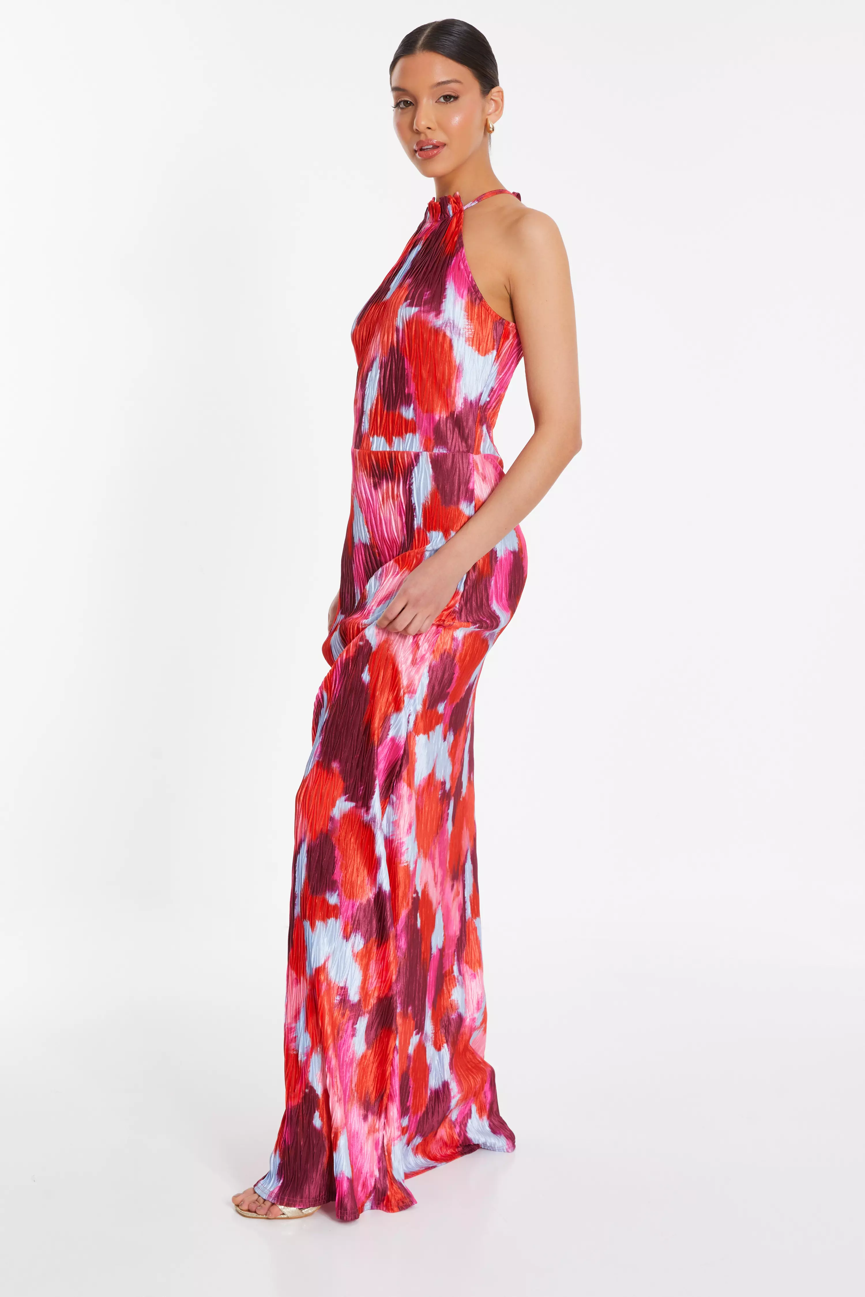 Red Abstract Print Pleated Maxi Dress