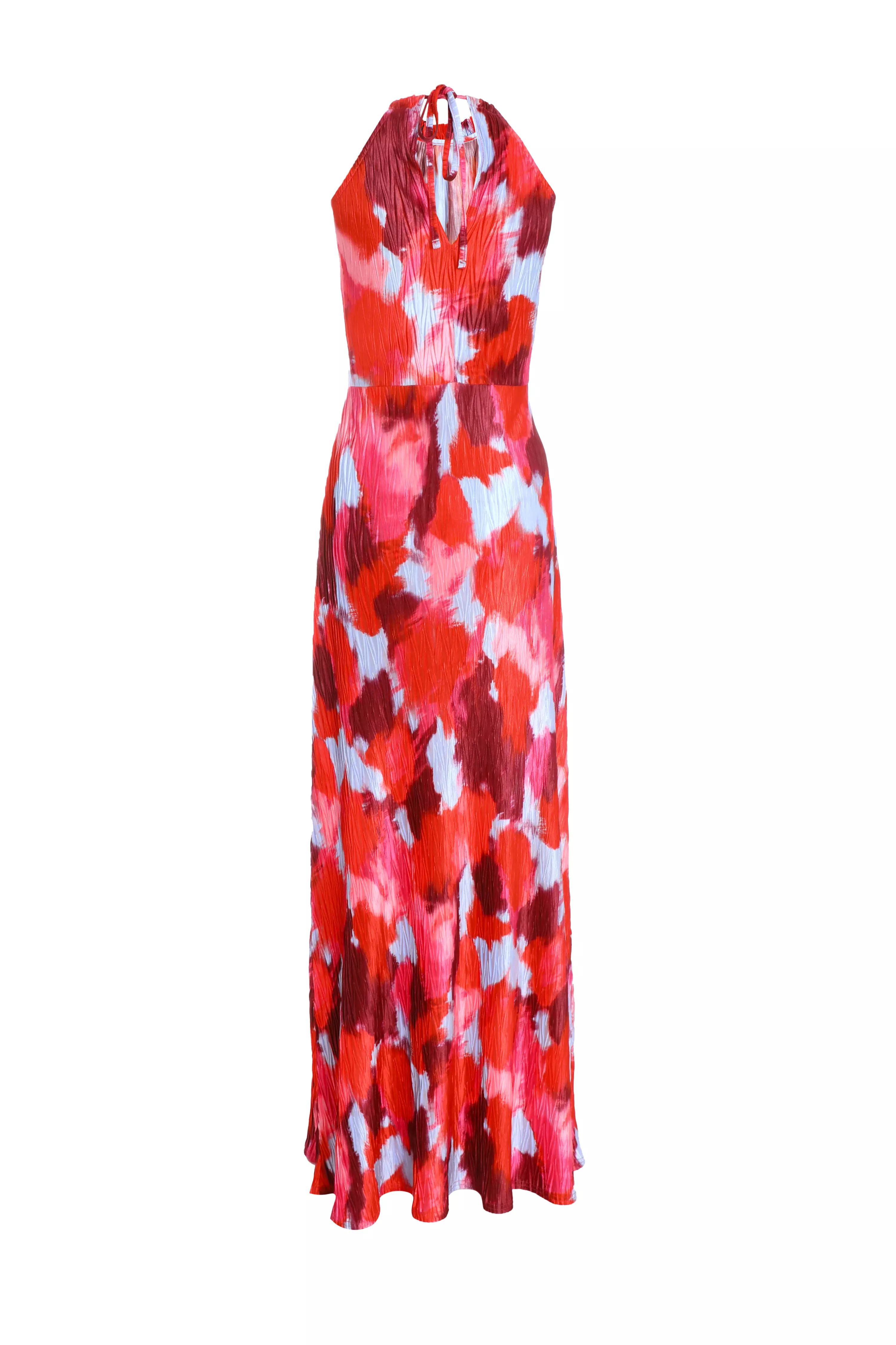 Red Abstract Print Pleated Maxi Dress