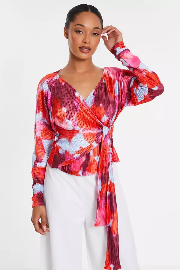 Red Abstract Wrap Maxi Dress