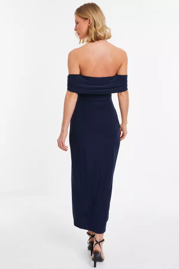 Navy Twist Bardot Bodycon Midi Dress