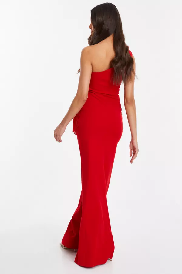 Red Organza One Shoulder Maxi Dress