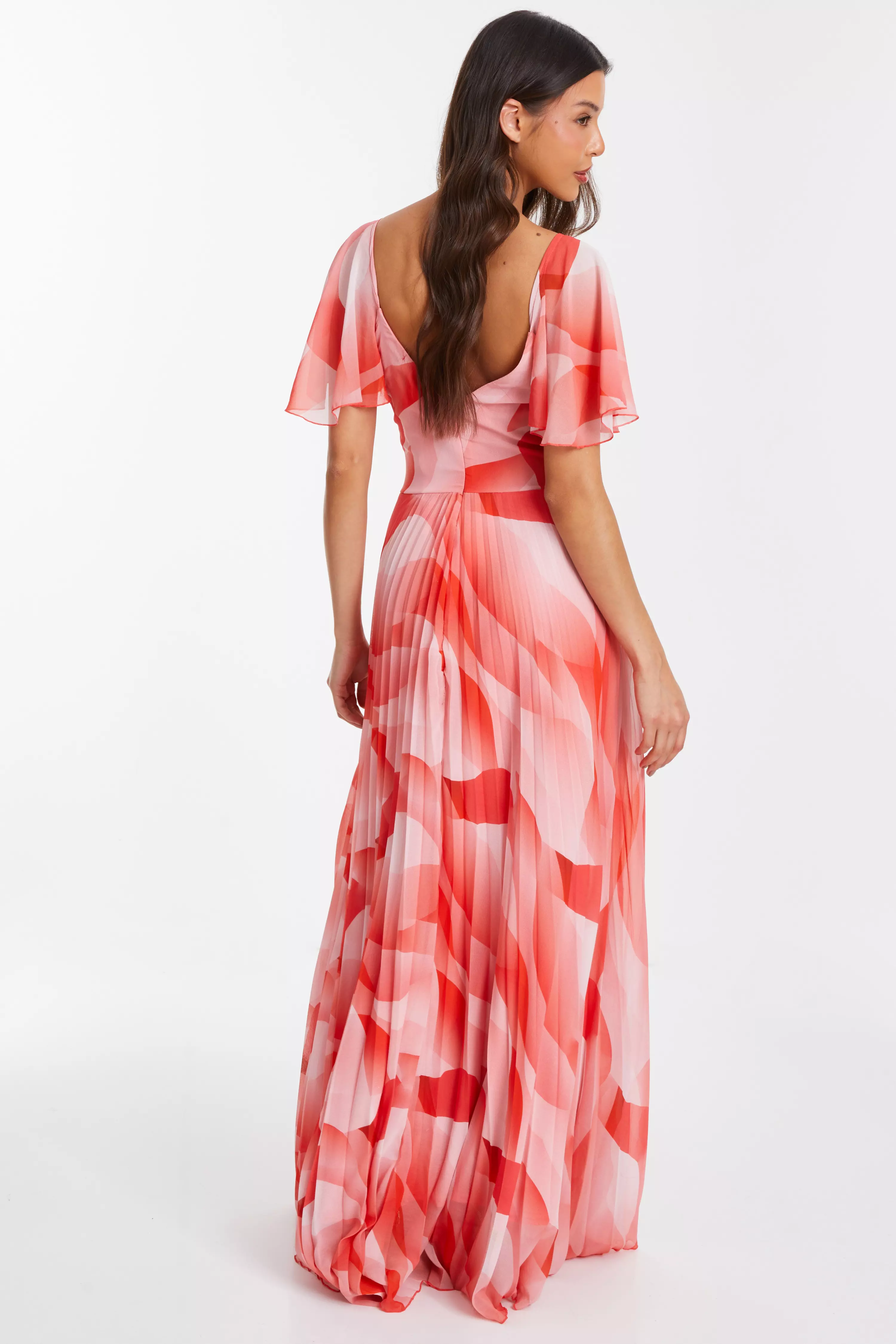Coral Chiffon Pleated Maxi Dress