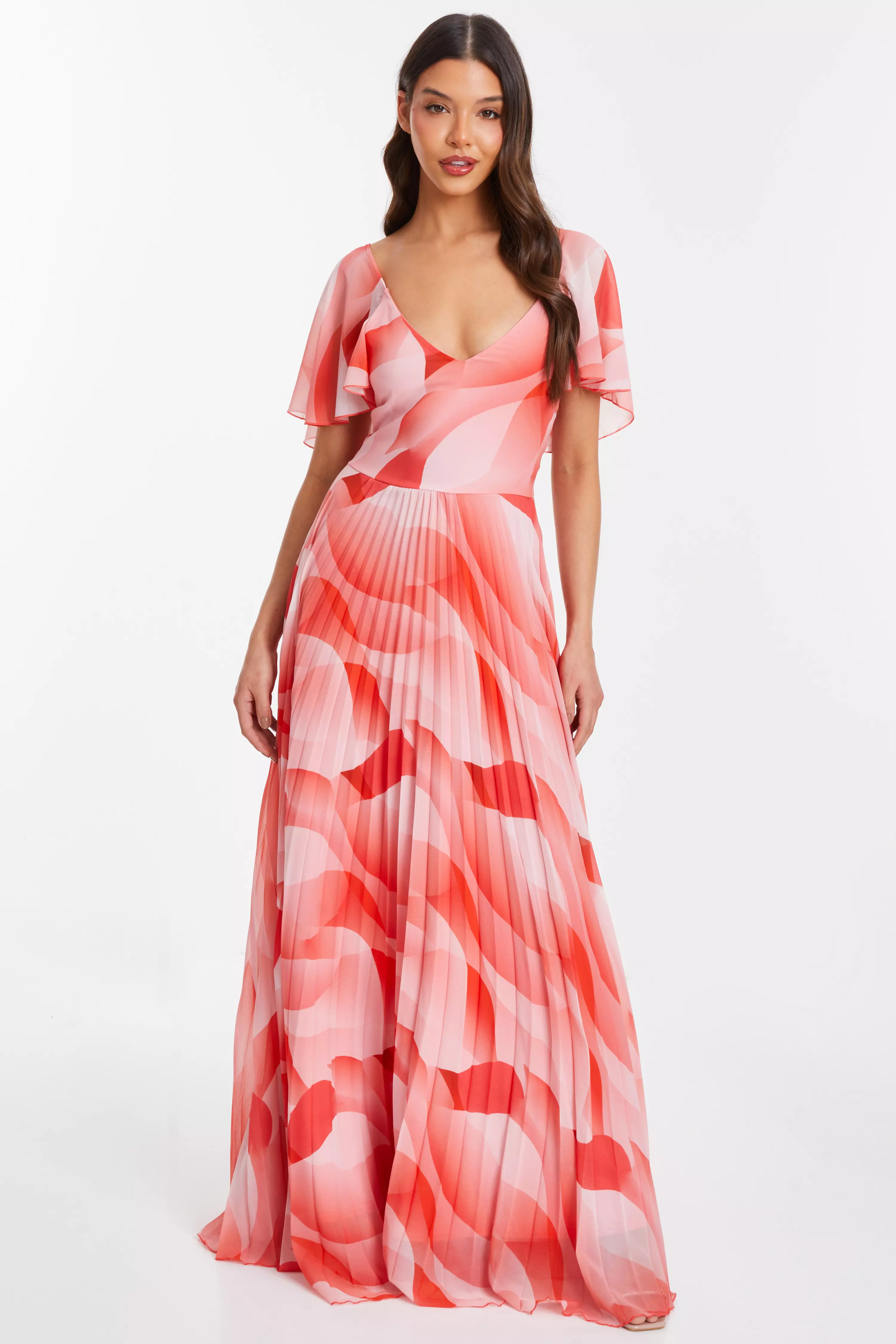 Coral Chiffon Pleated Maxi Dress