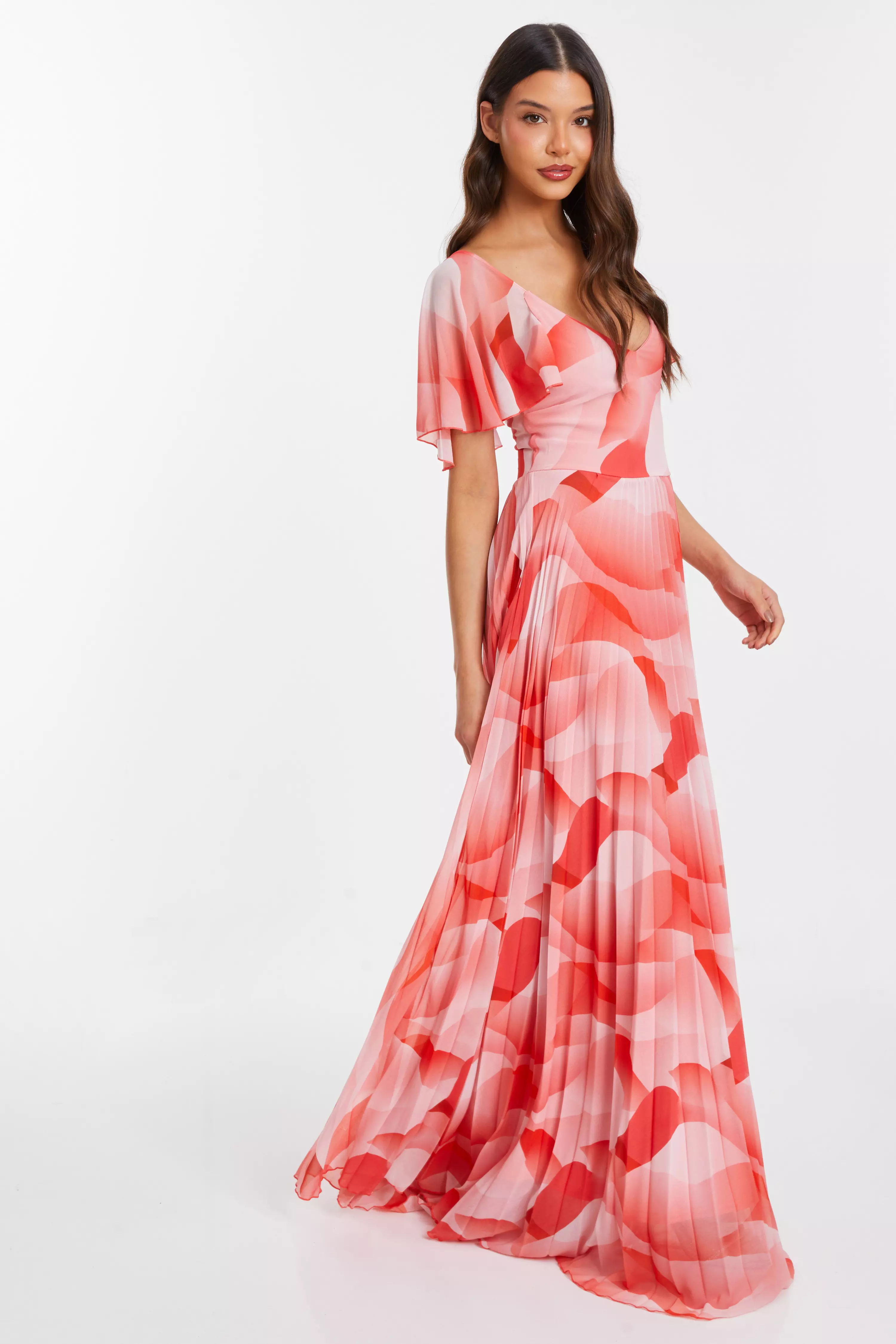 Coral Chiffon Pleated Maxi Dress