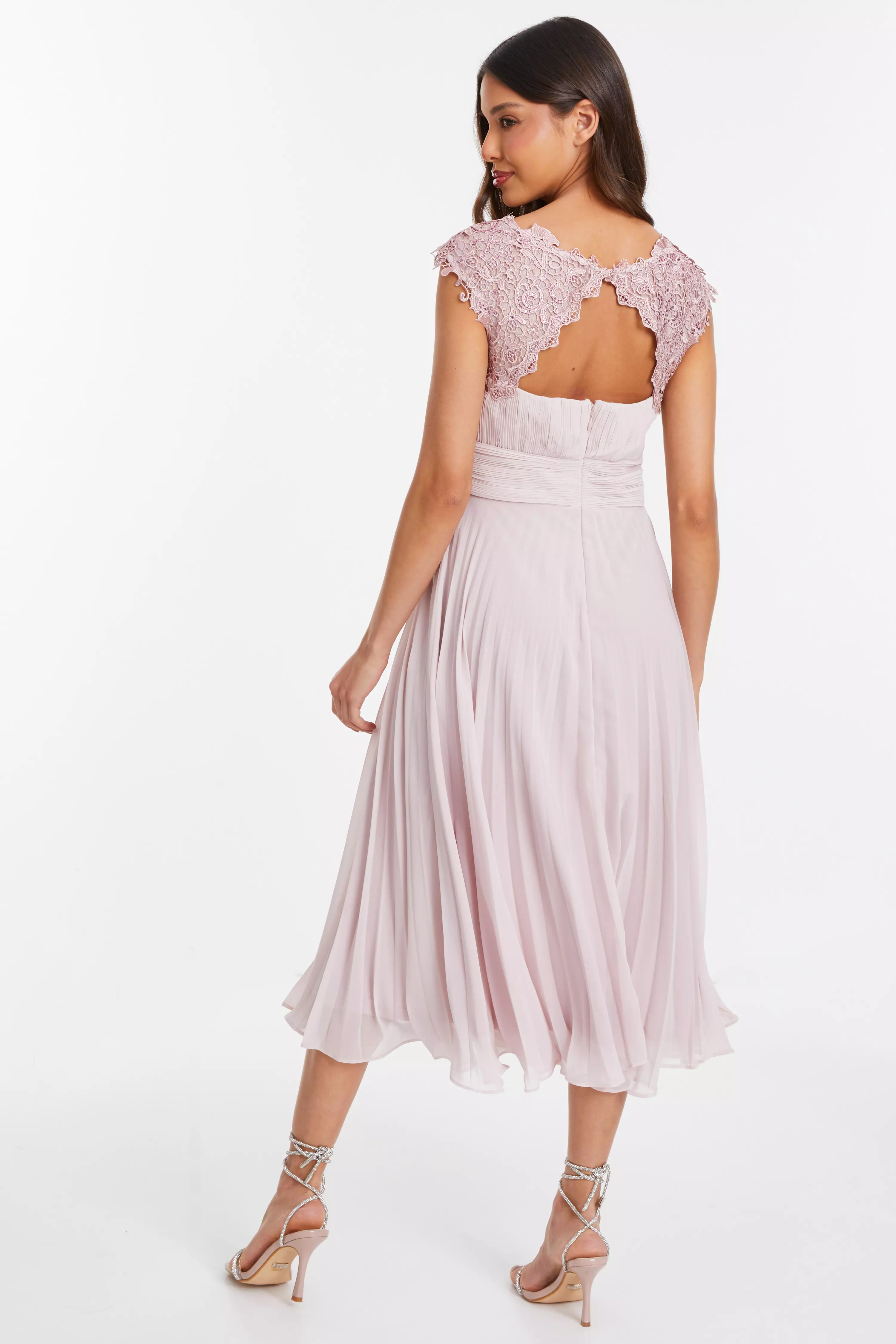 Pink Chiffon Embellished Pleated Midi Dress