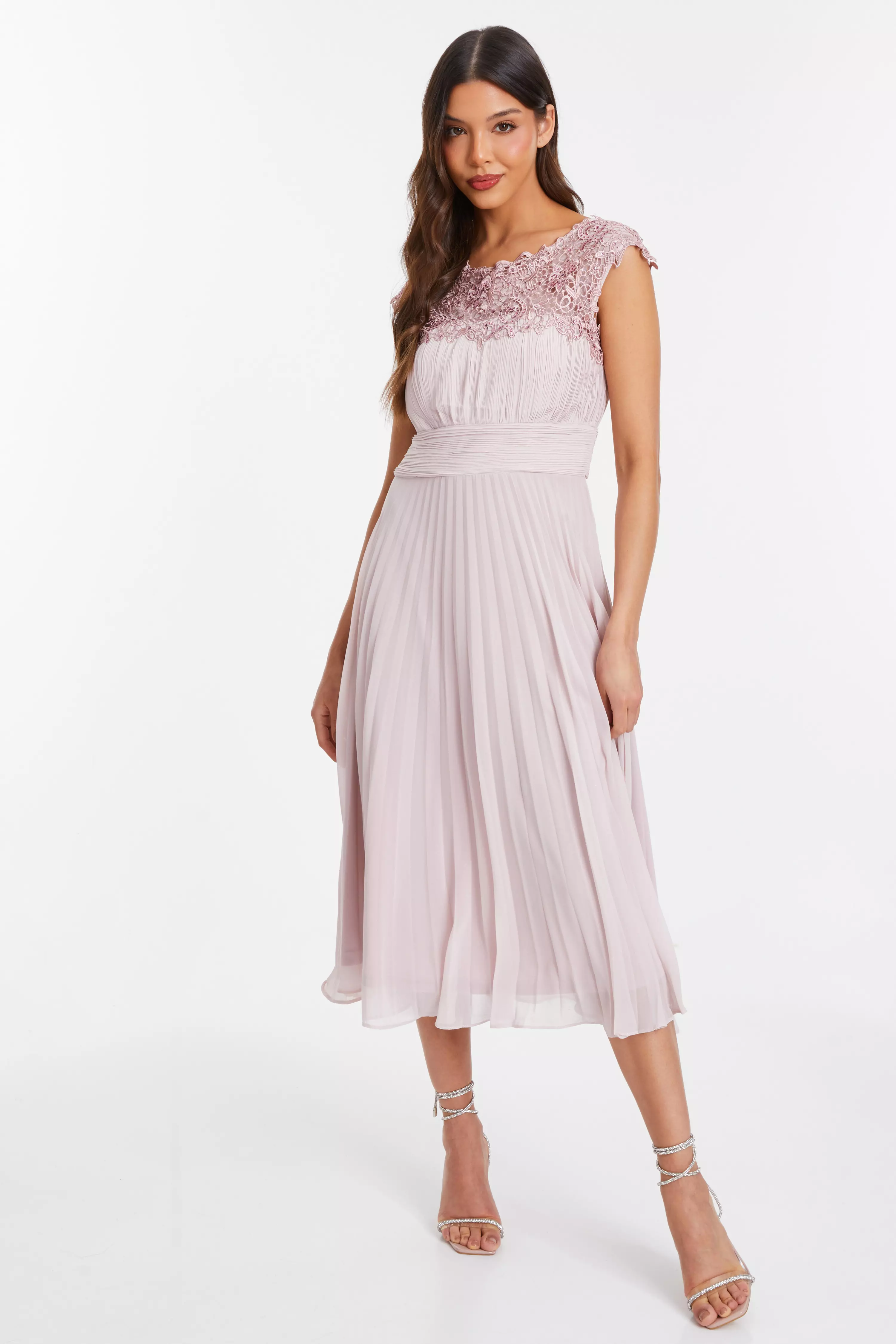 Pink Chiffon Embellished Pleated Midi Dress