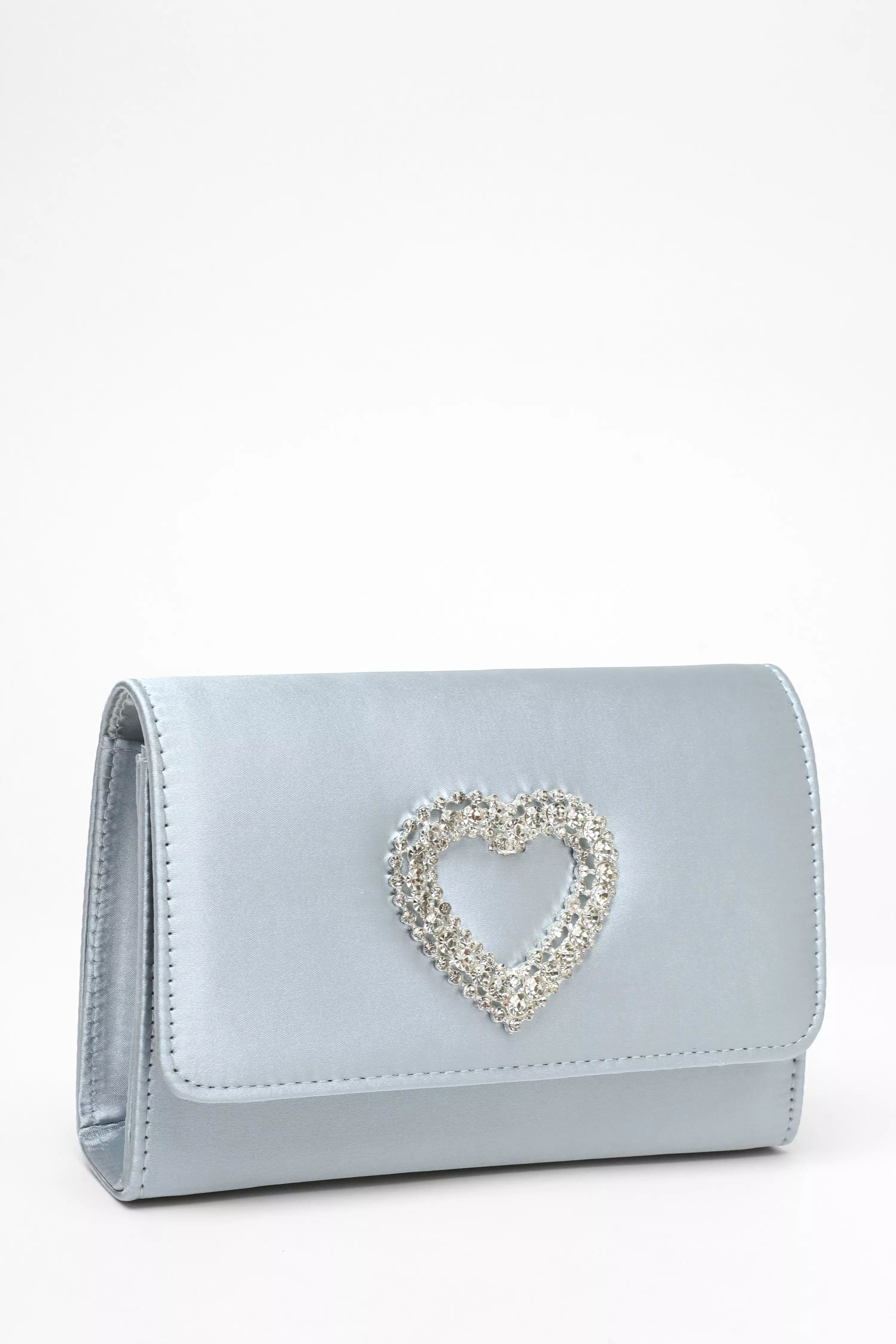 Blue Satin Diamante Heart Brooch Clutch Bag