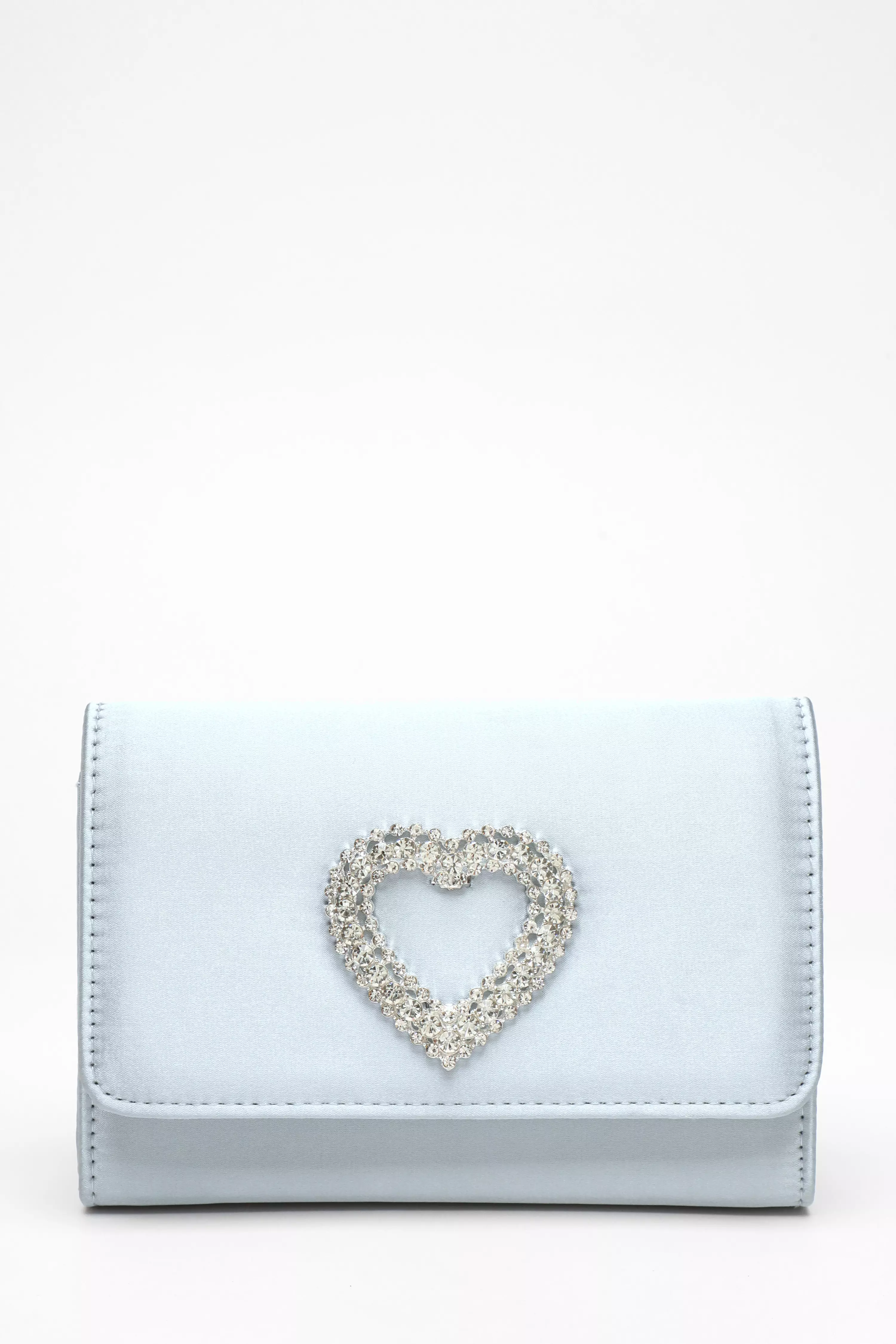 Blue Satin Diamante Heart Brooch Clutch Bag