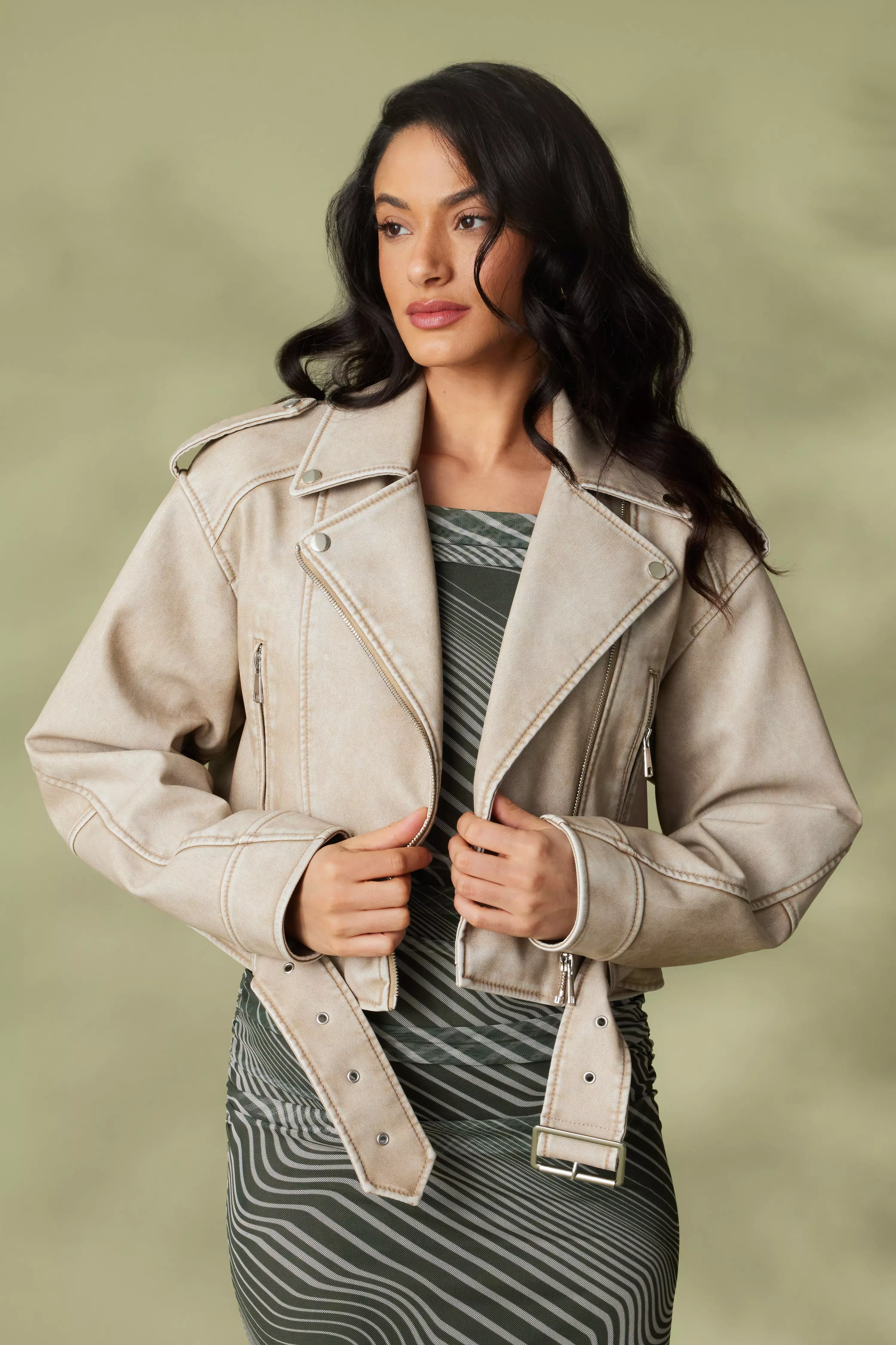 Stone Faux Leather Oversized Biker Jacket