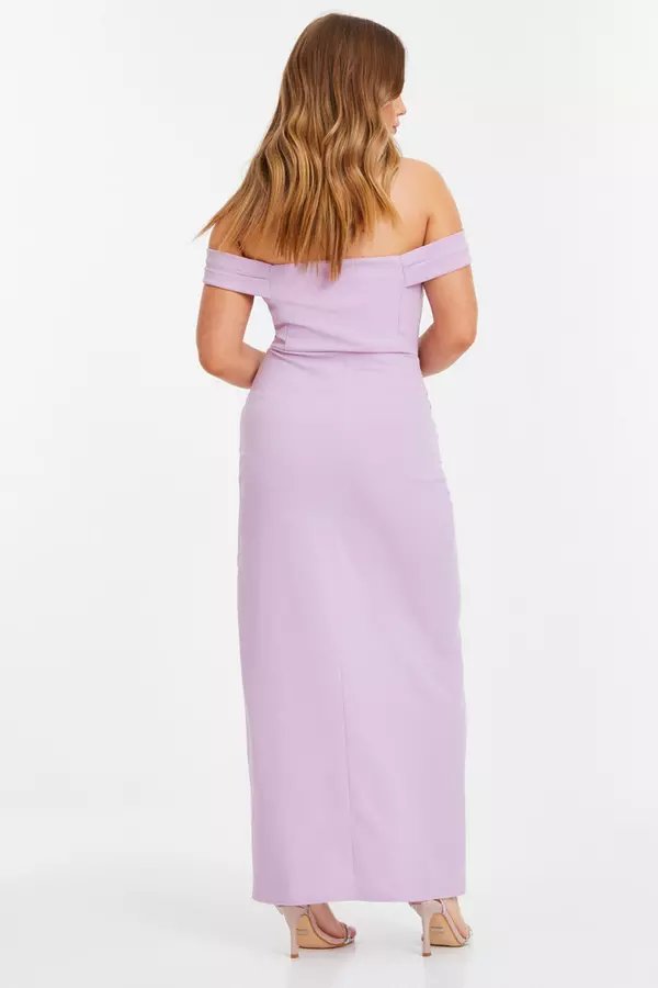 Petite Lilac Ruched Bardot Maxi Dress