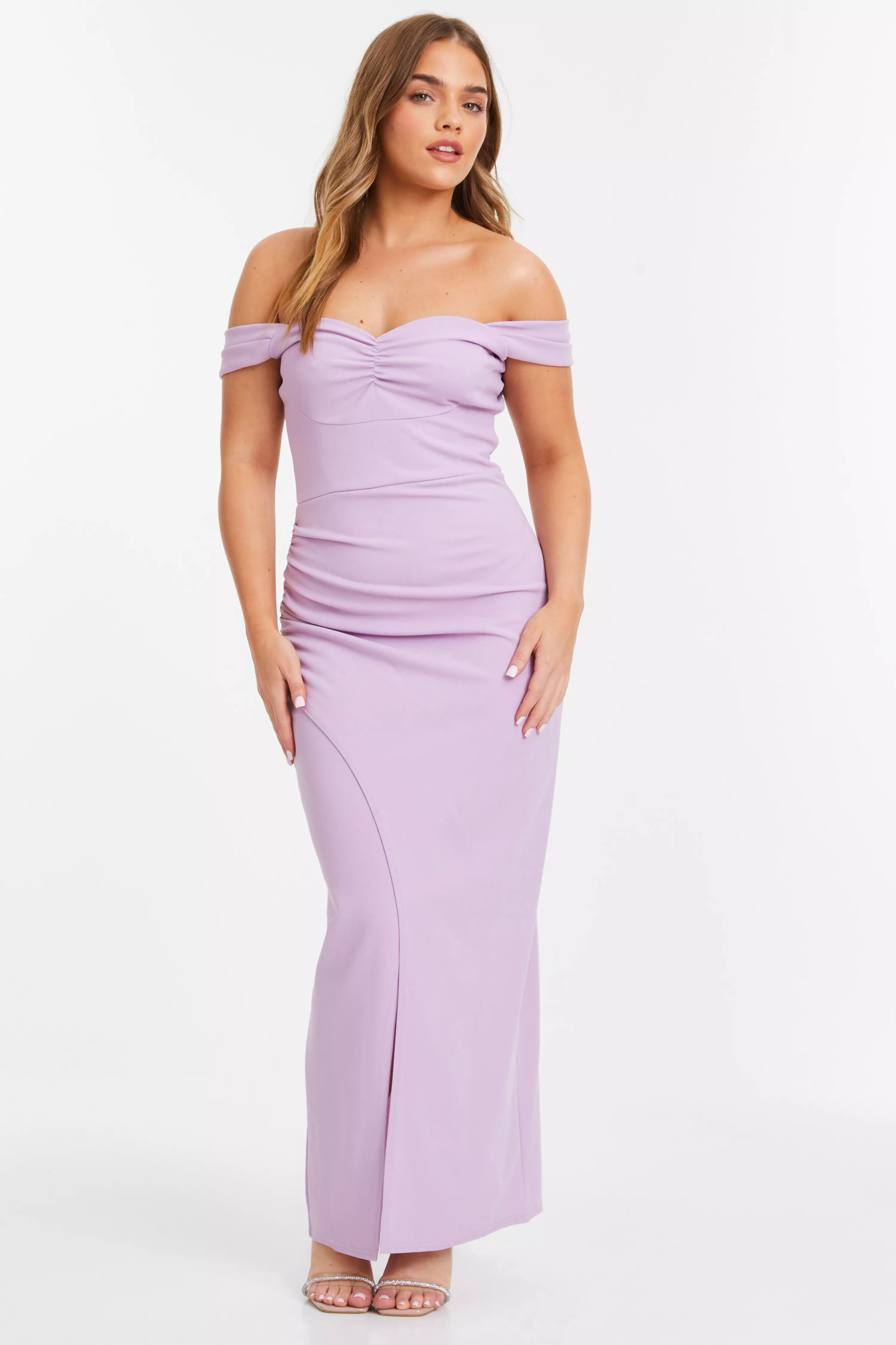 Petite Lilac Ruched Bardot Maxi Dress