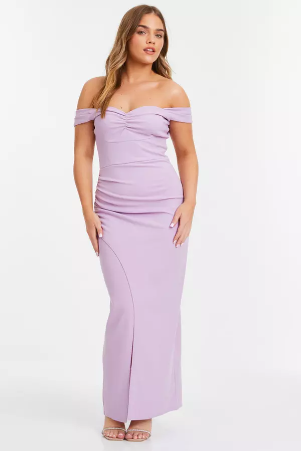 Petite Lilac Ruched Bardot Maxi Dress
