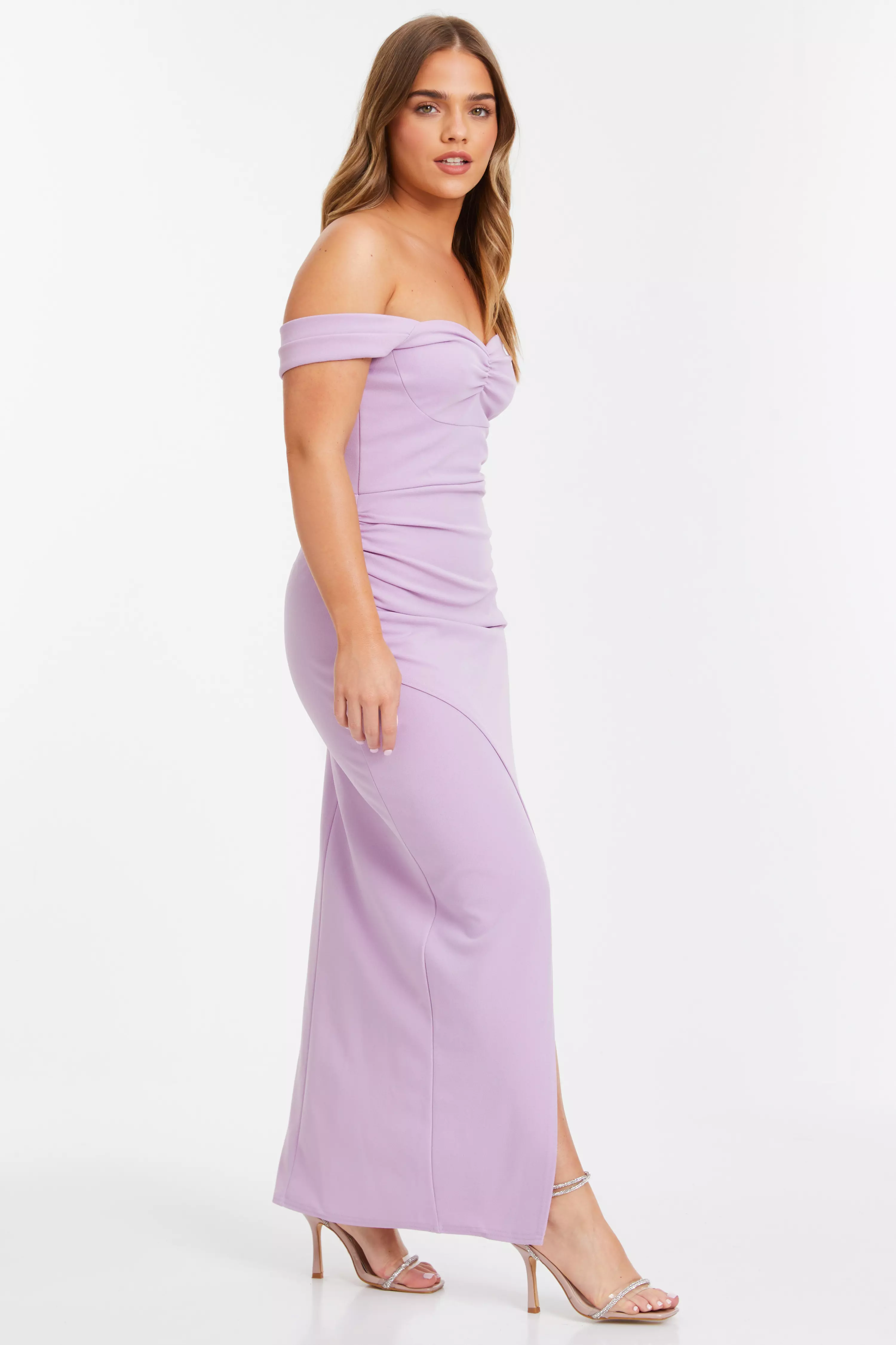 Petite Lilac Ruched Bardot Maxi Dress