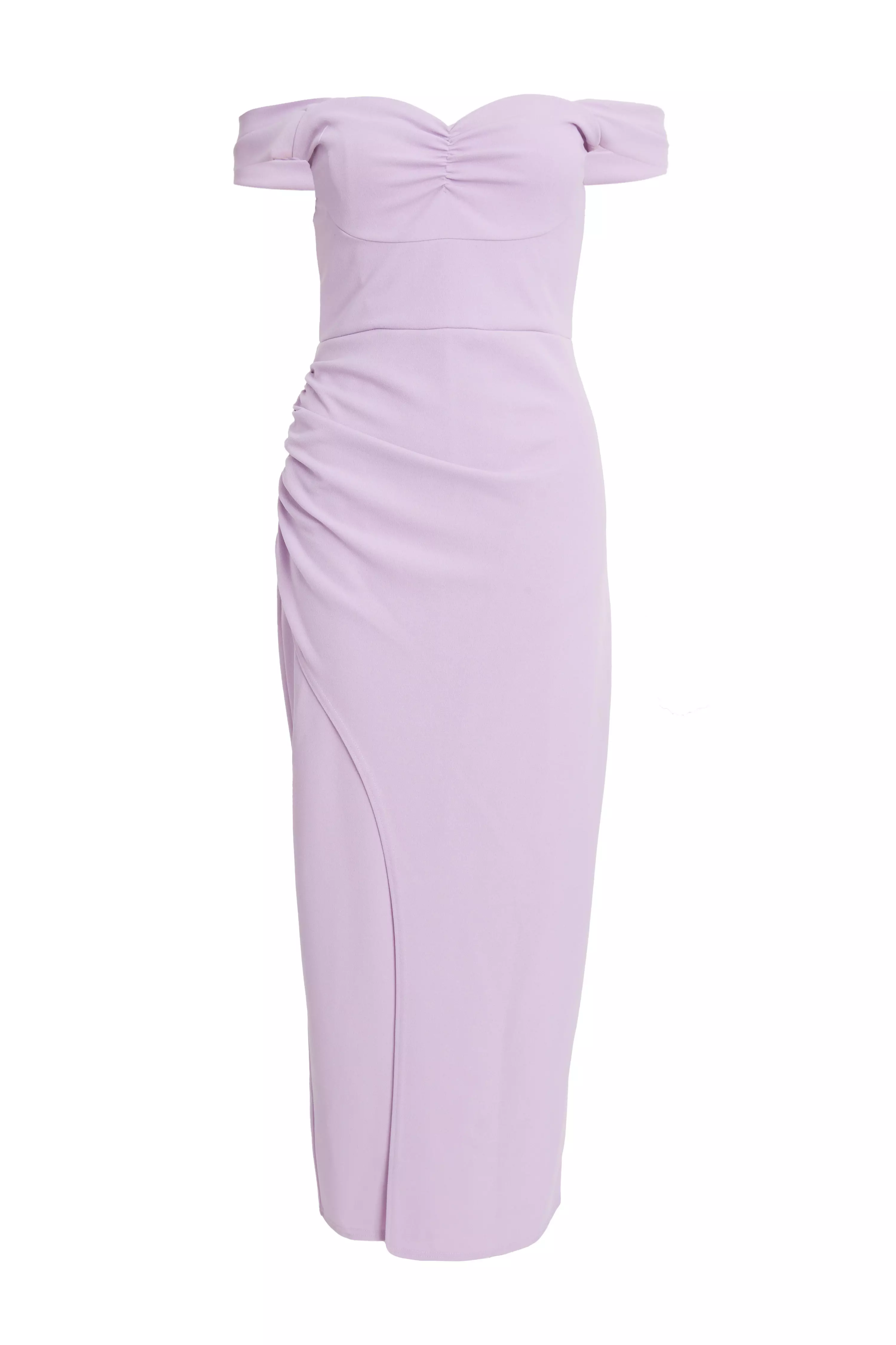 Petite Lilac Ruched Bardot Maxi Dress