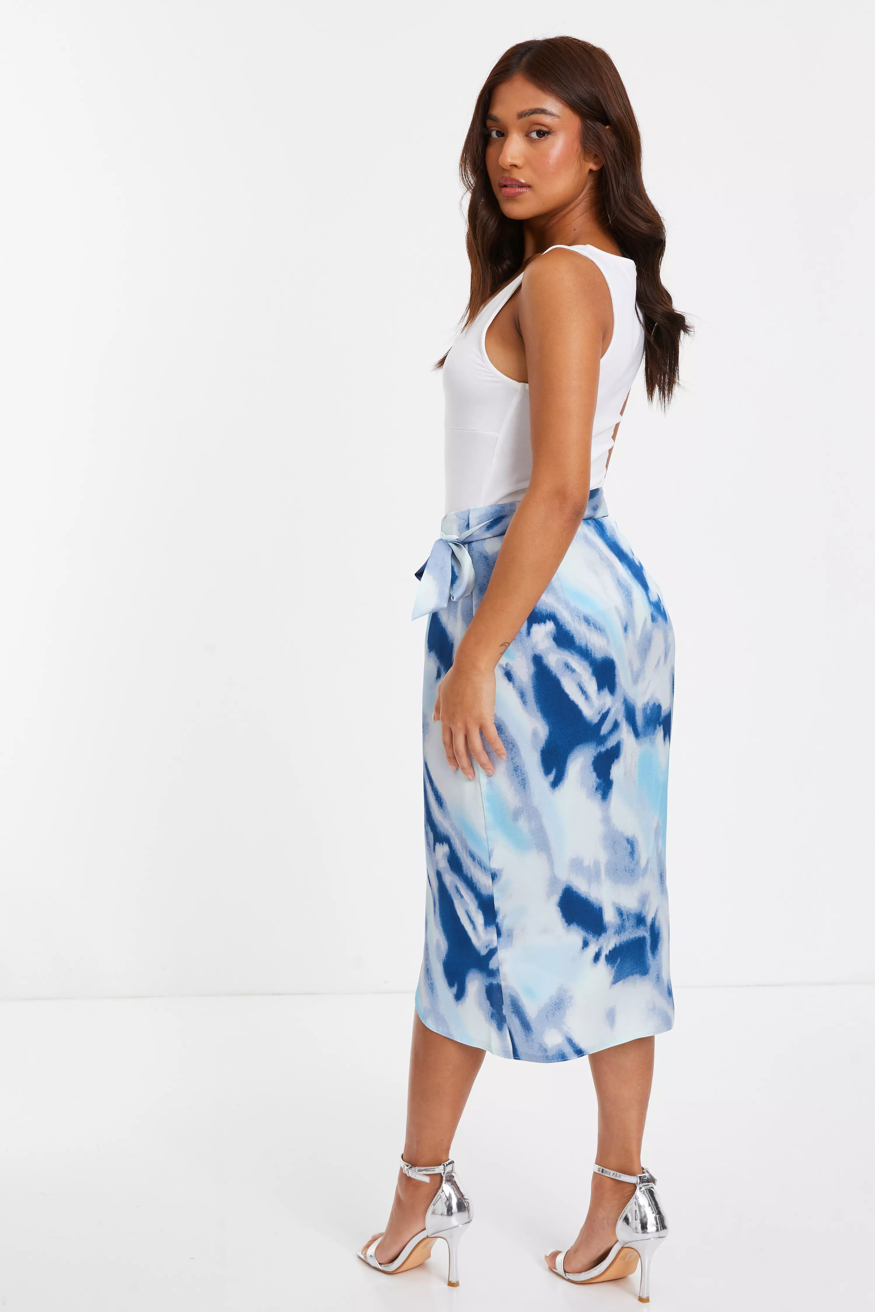 Petite Blue Satin Marble Print Wrap Midi Skirt