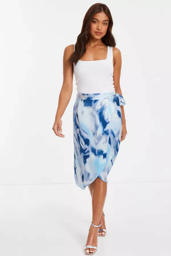 Petite Blue Satin Marble Print Wrap Midi Skirt
