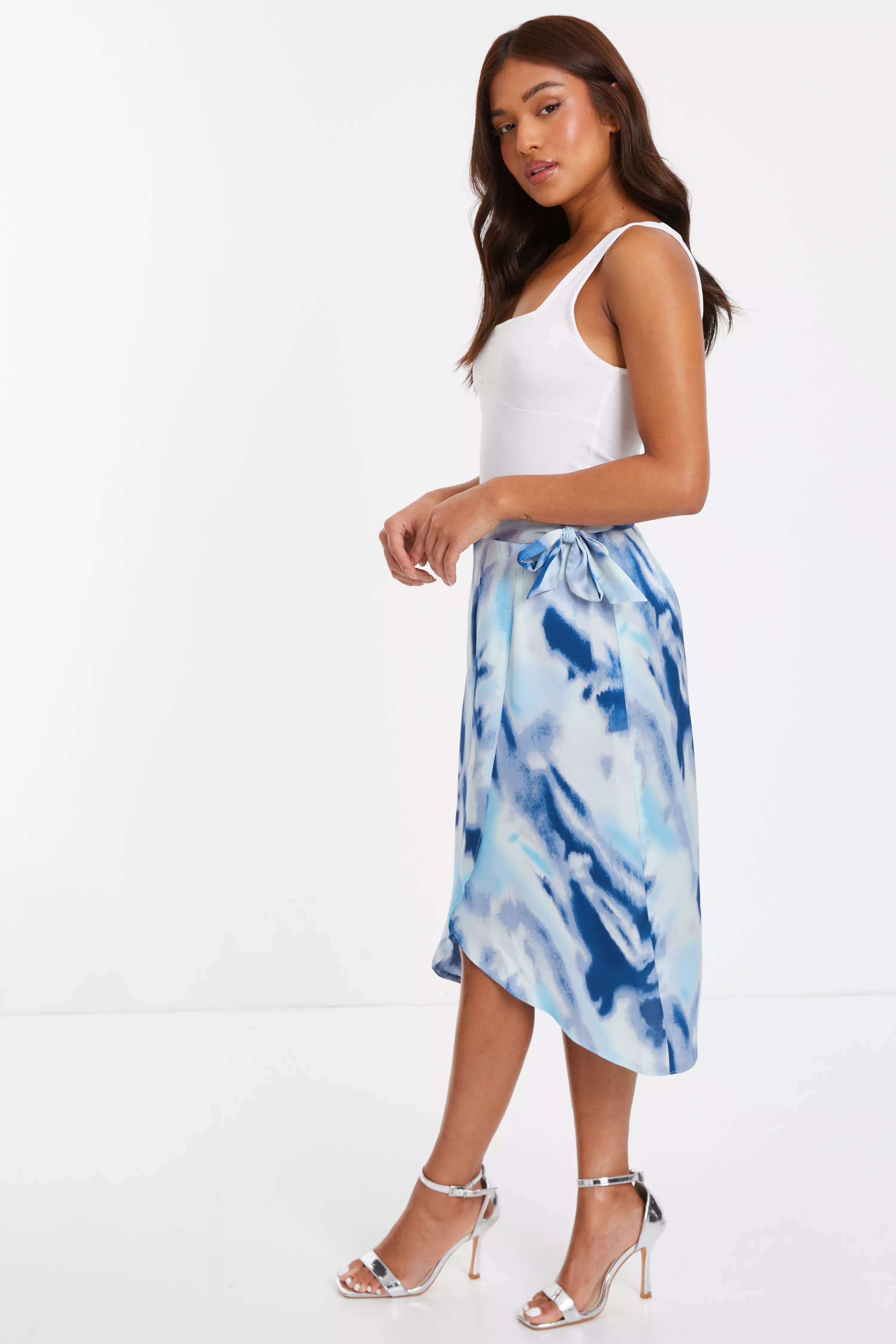 Petite Blue Satin Marble Print Wrap Midi Skirt