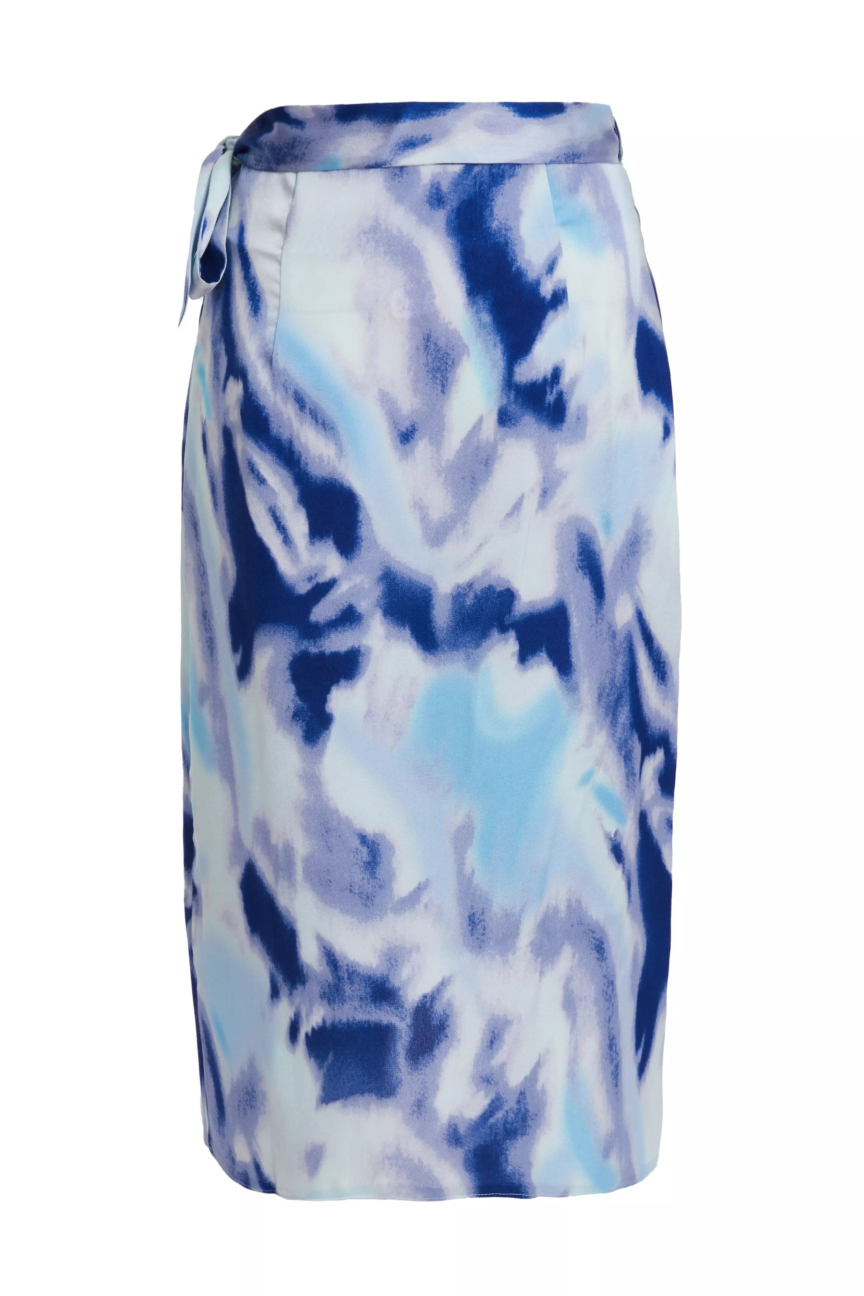 Petite Blue Satin Marble Print Wrap Midi Skirt