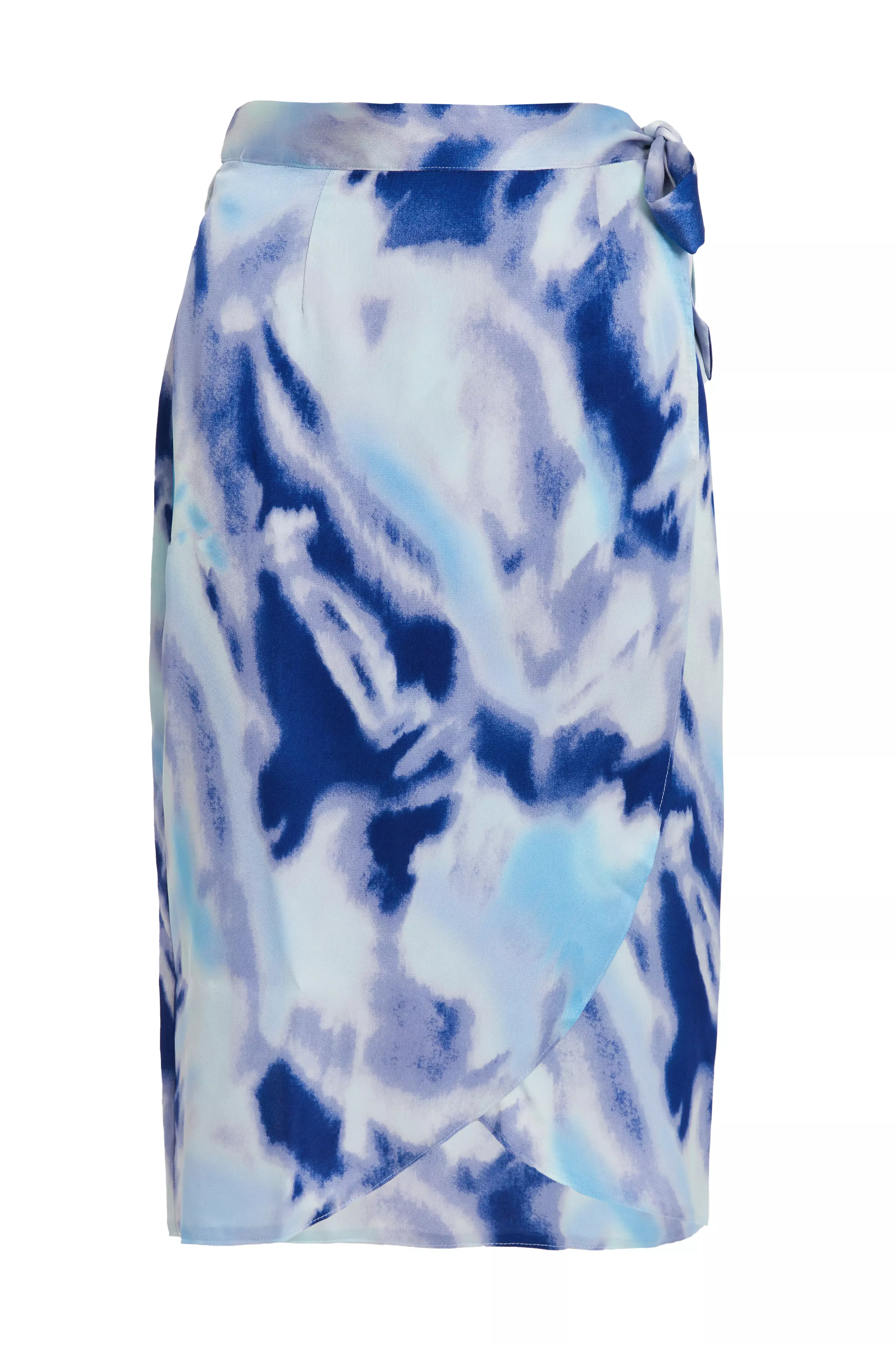 Petite Blue Satin Marble Print Wrap Midi Skirt