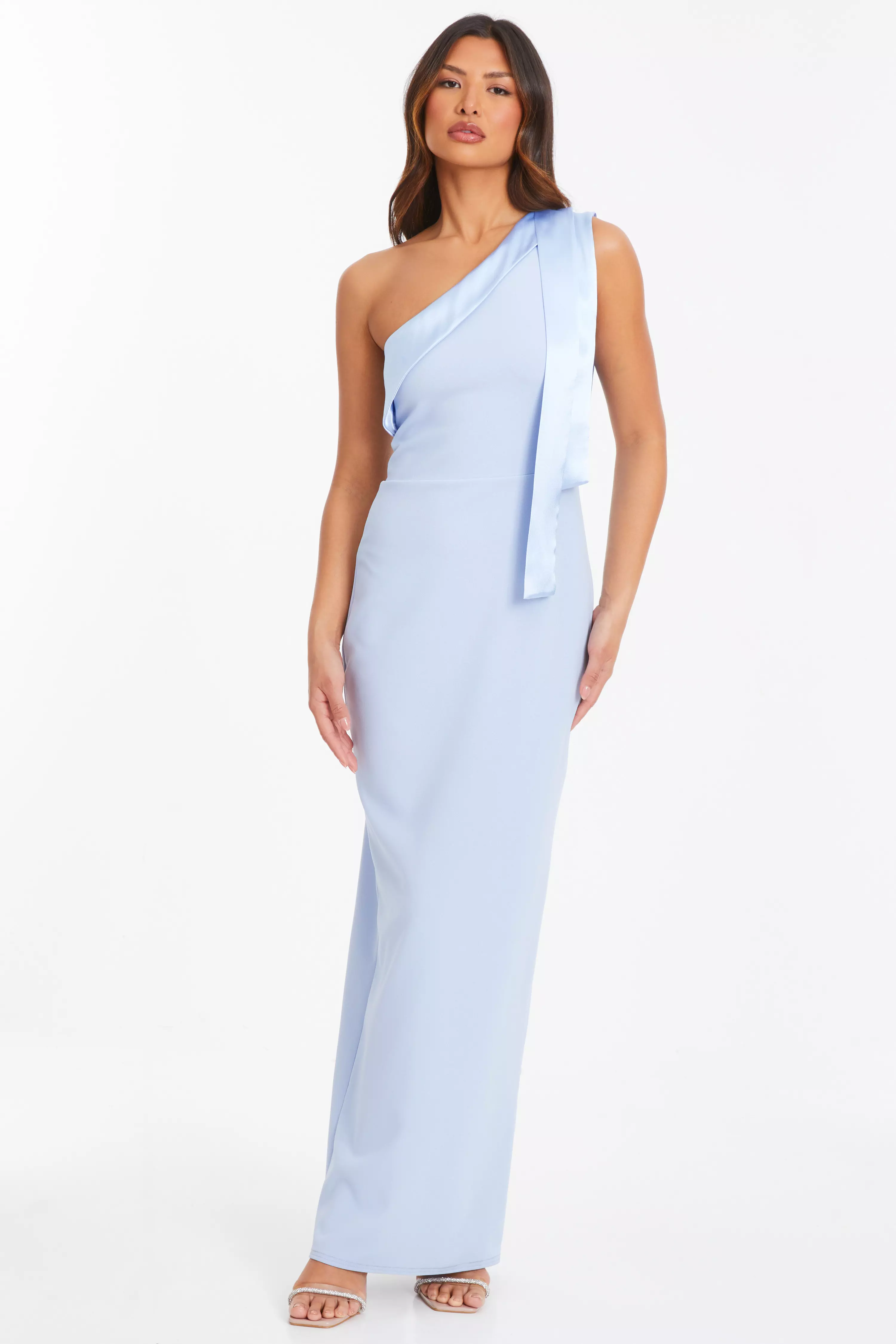 Light Blue Satin Drape Maxi Dress