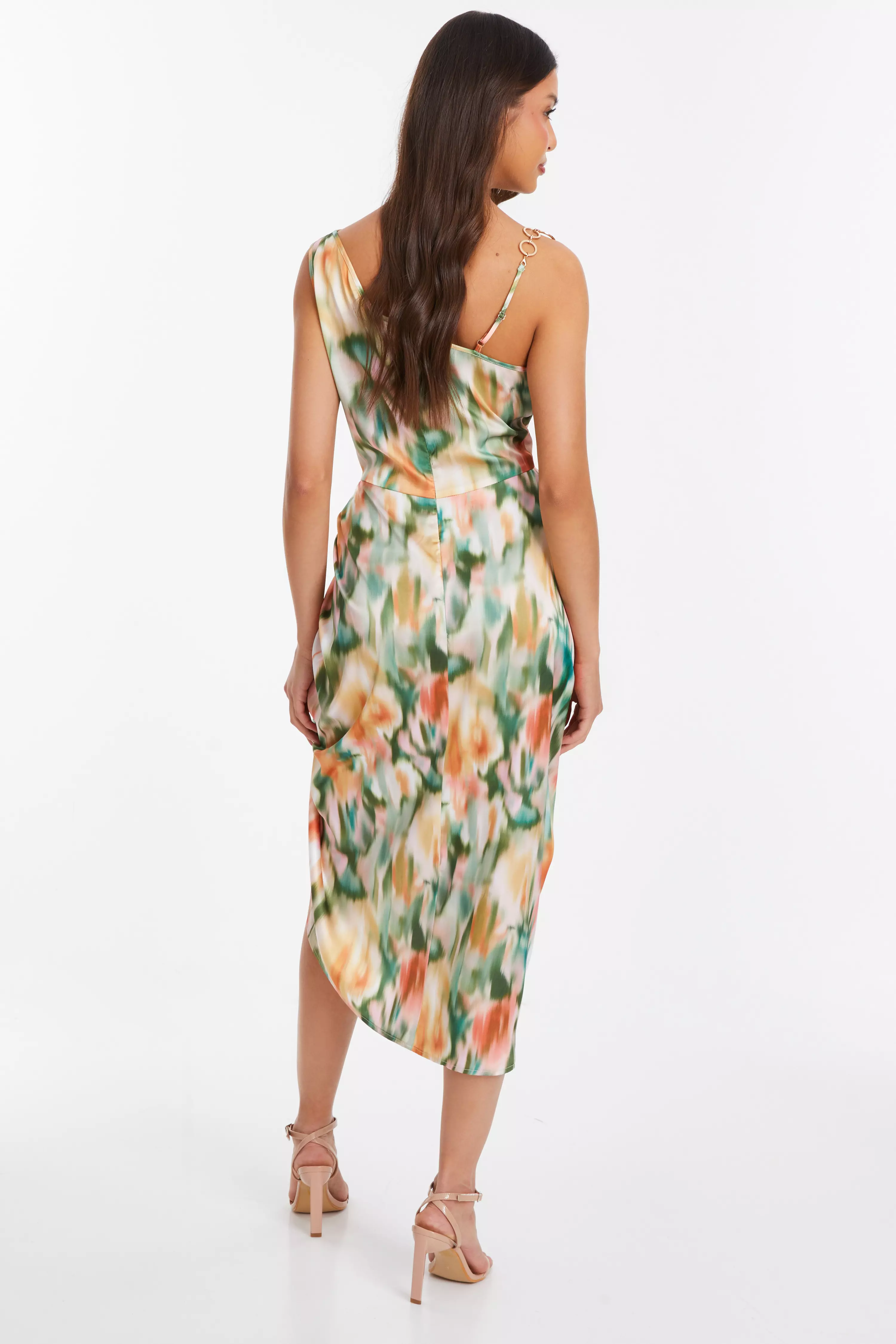 Multicoloured Satin Marble Print Ruched Midi Dress