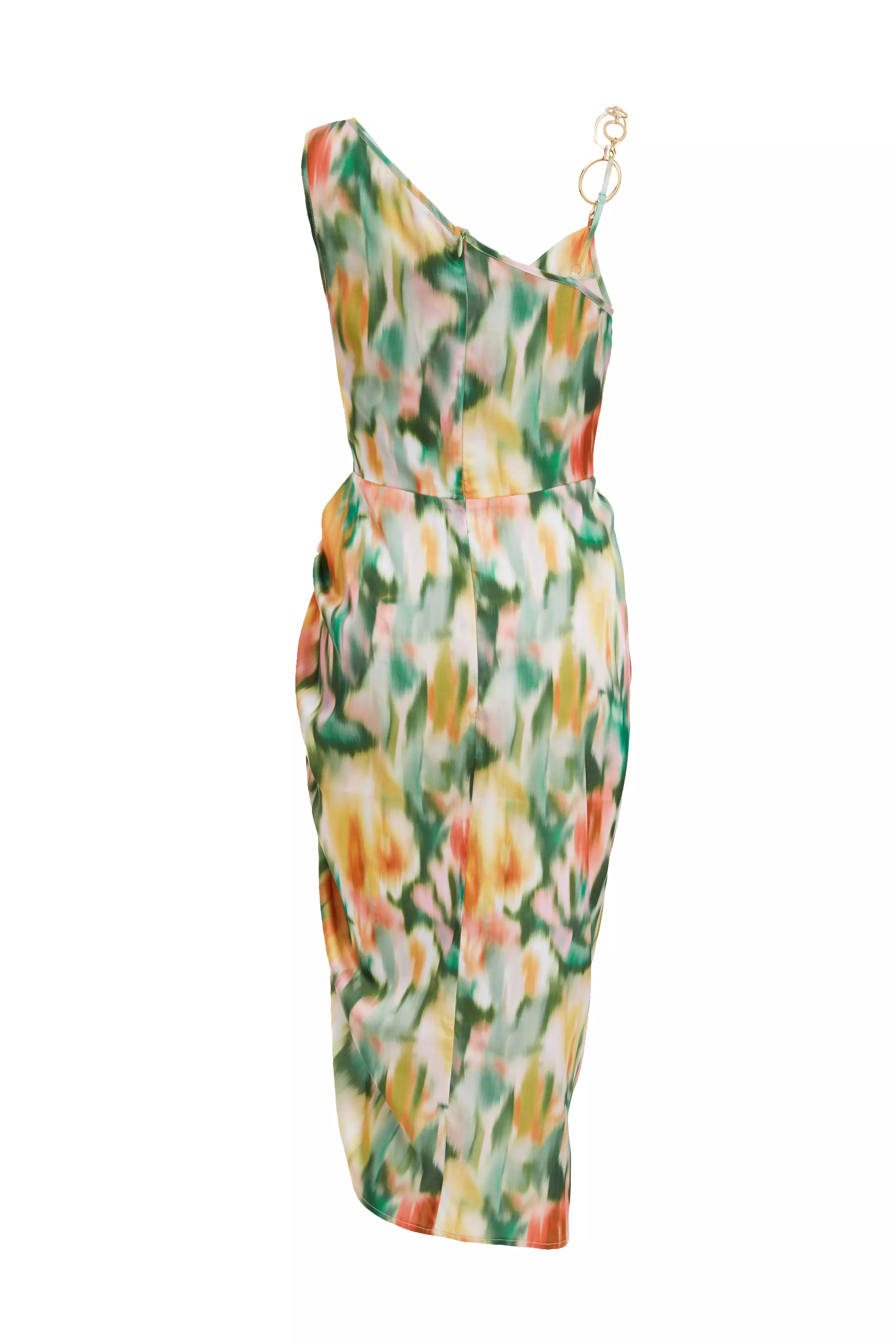 Multicoloured Satin Marble Print Ruched Midi Dress