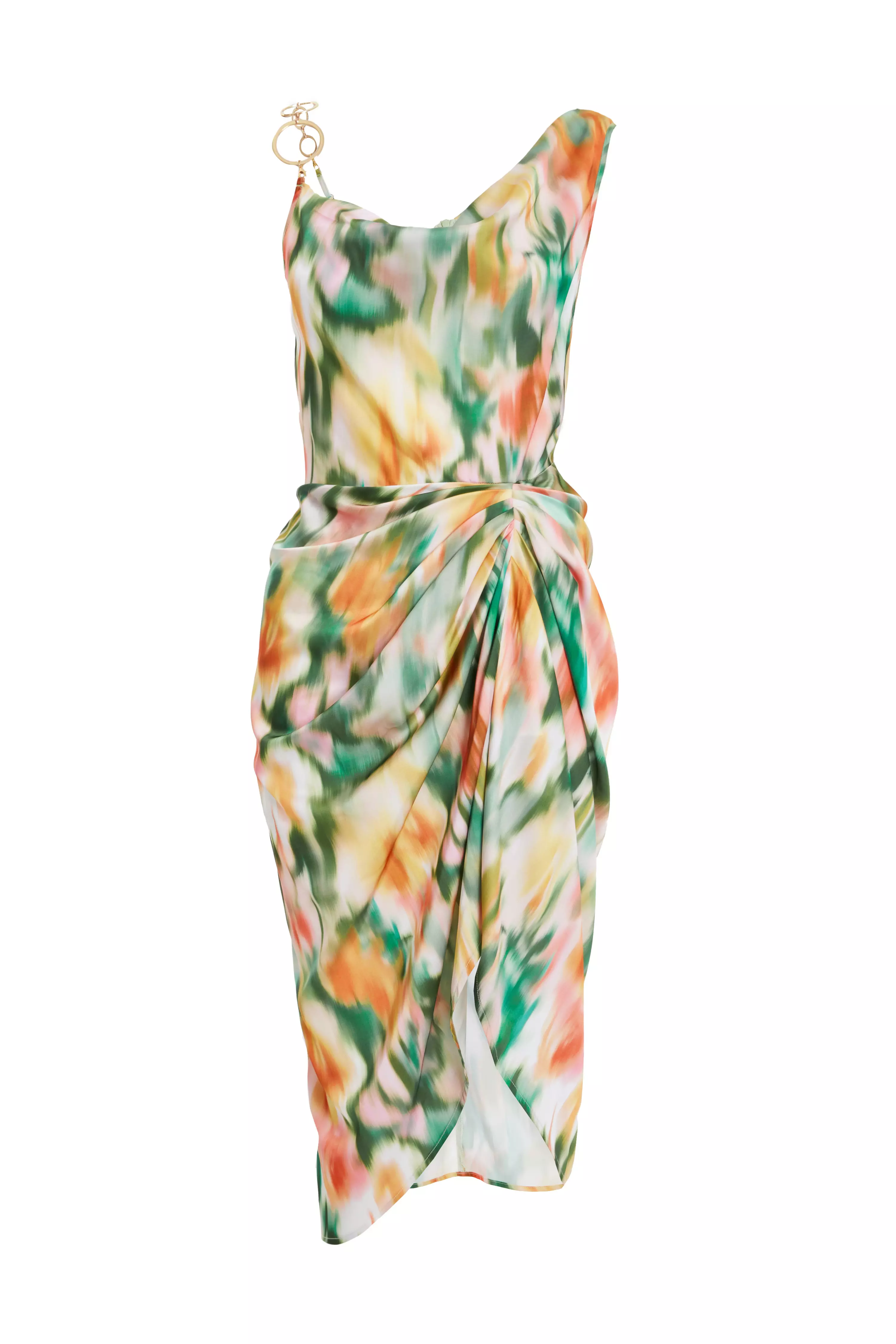 Multicoloured Satin Marble Print Ruched Midi Dress