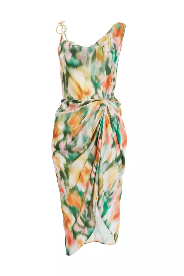 Multicoloured Satin Marble Print Ruched Midi Dress