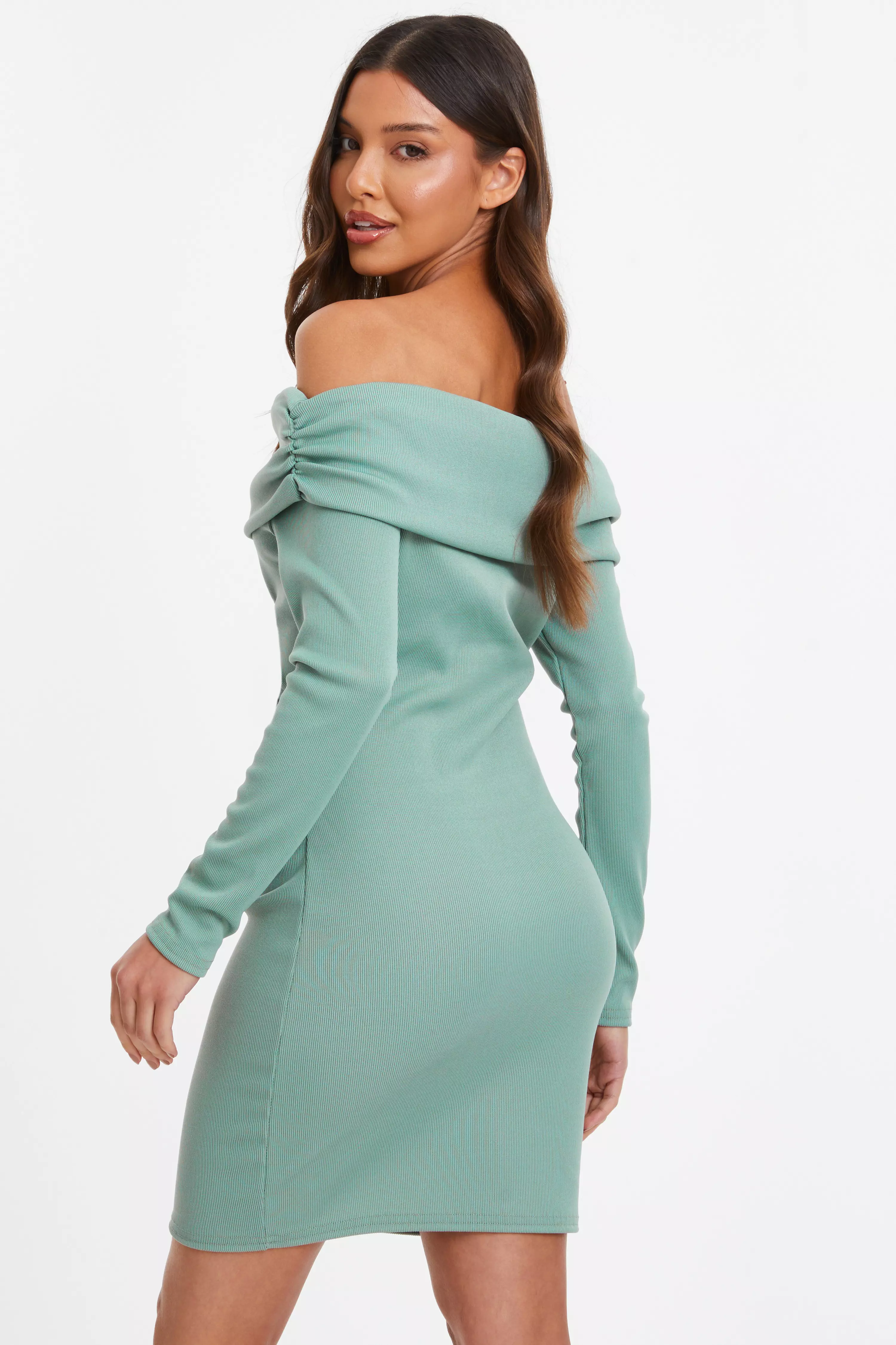 Sage Ribbed Bardot Mini Ruched Dress