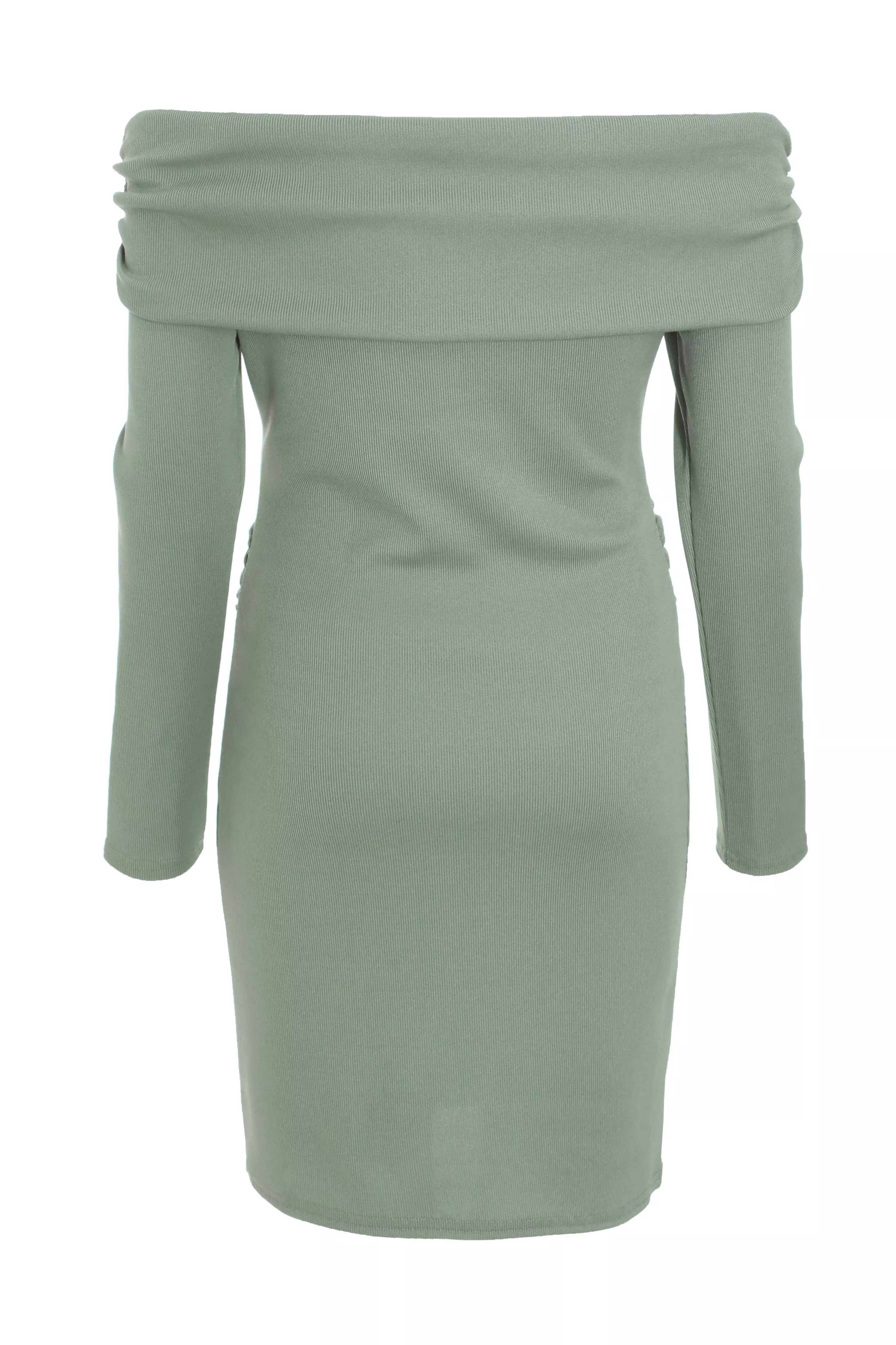 Sage Ribbed Bardot Mini Ruched Dress