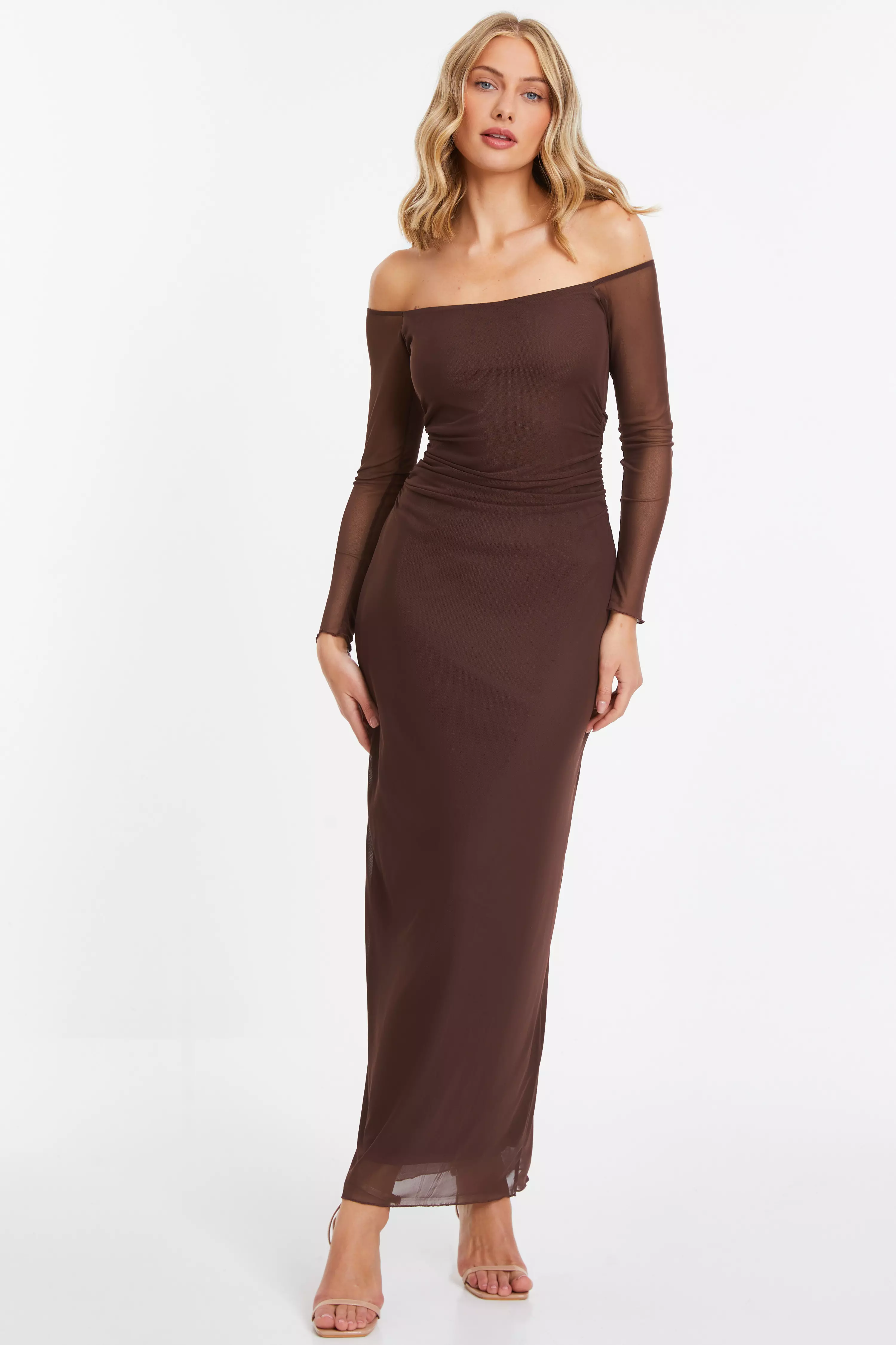 Brown Mesh Bardot Midaxi Dress