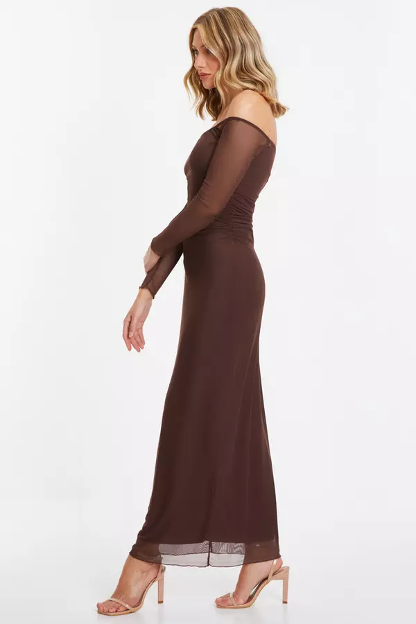 Brown Mesh Bardot Midaxi Dress