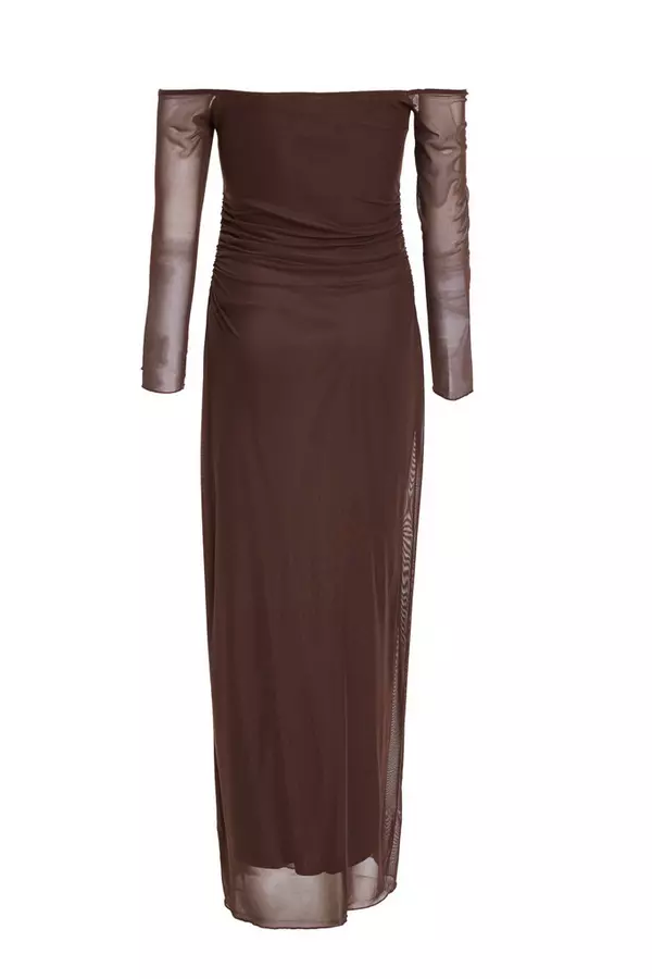 Brown Mesh Bardot Midaxi Dress
