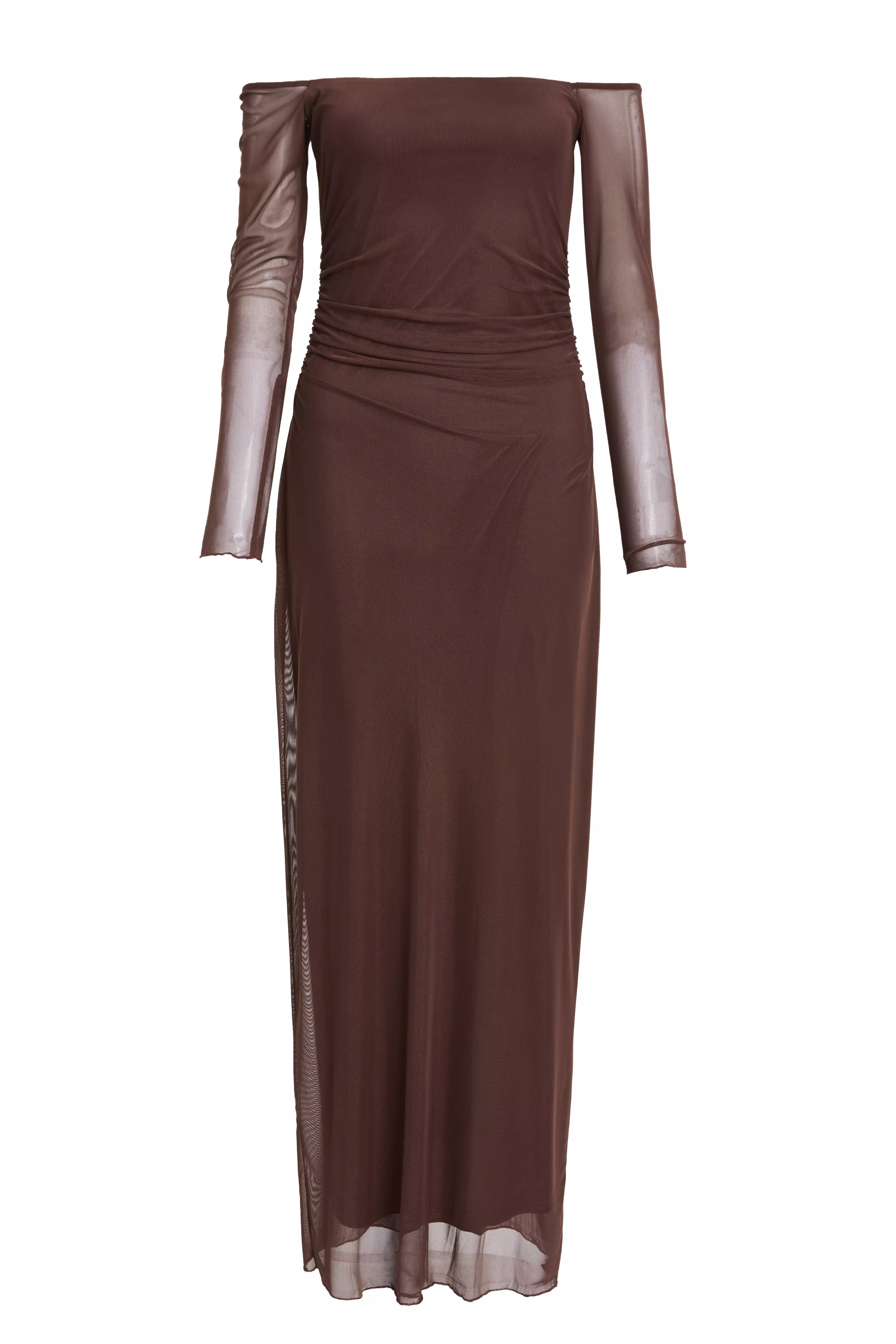 Brown Mesh Bardot Midaxi Dress