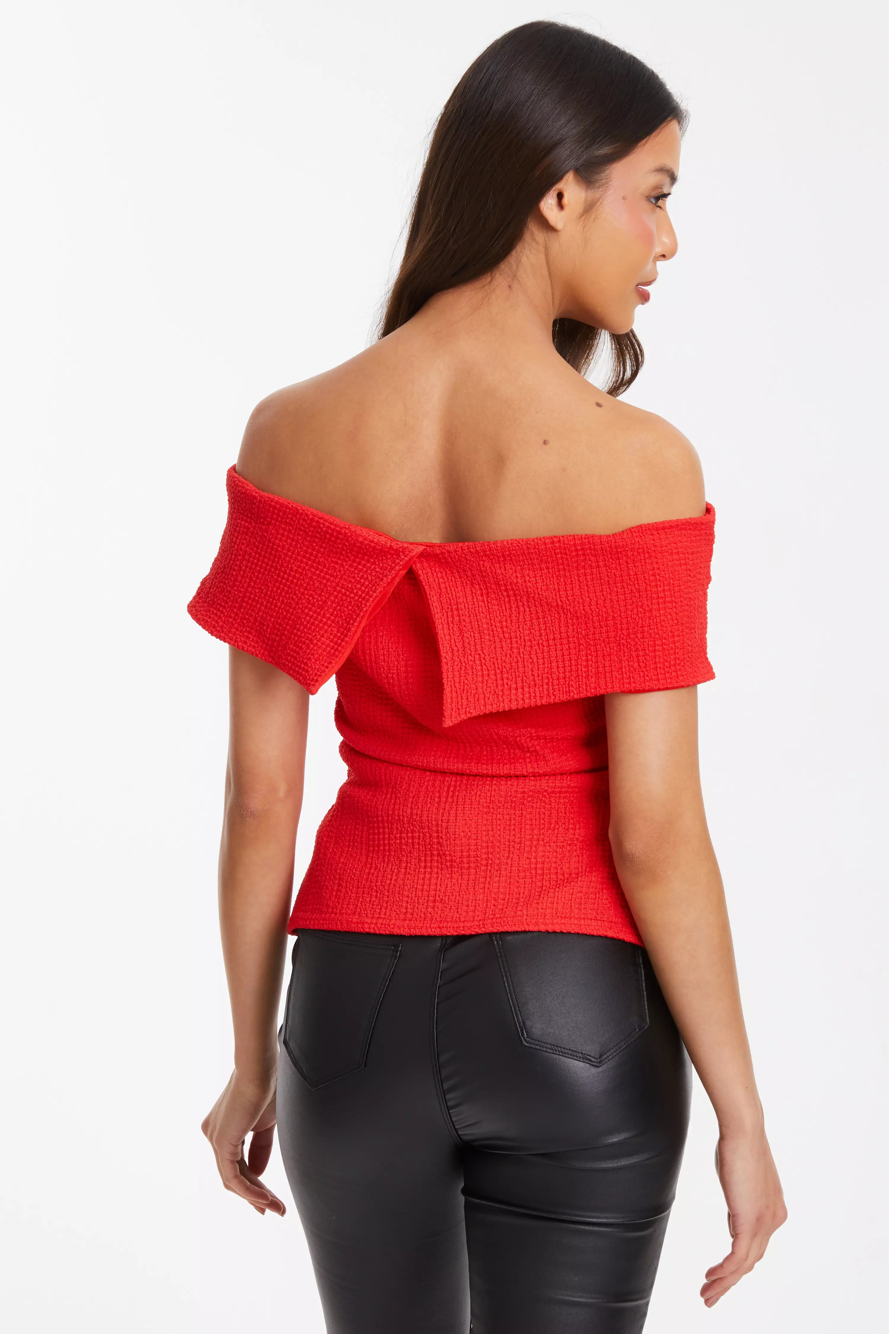 Red Textured Bardot Top