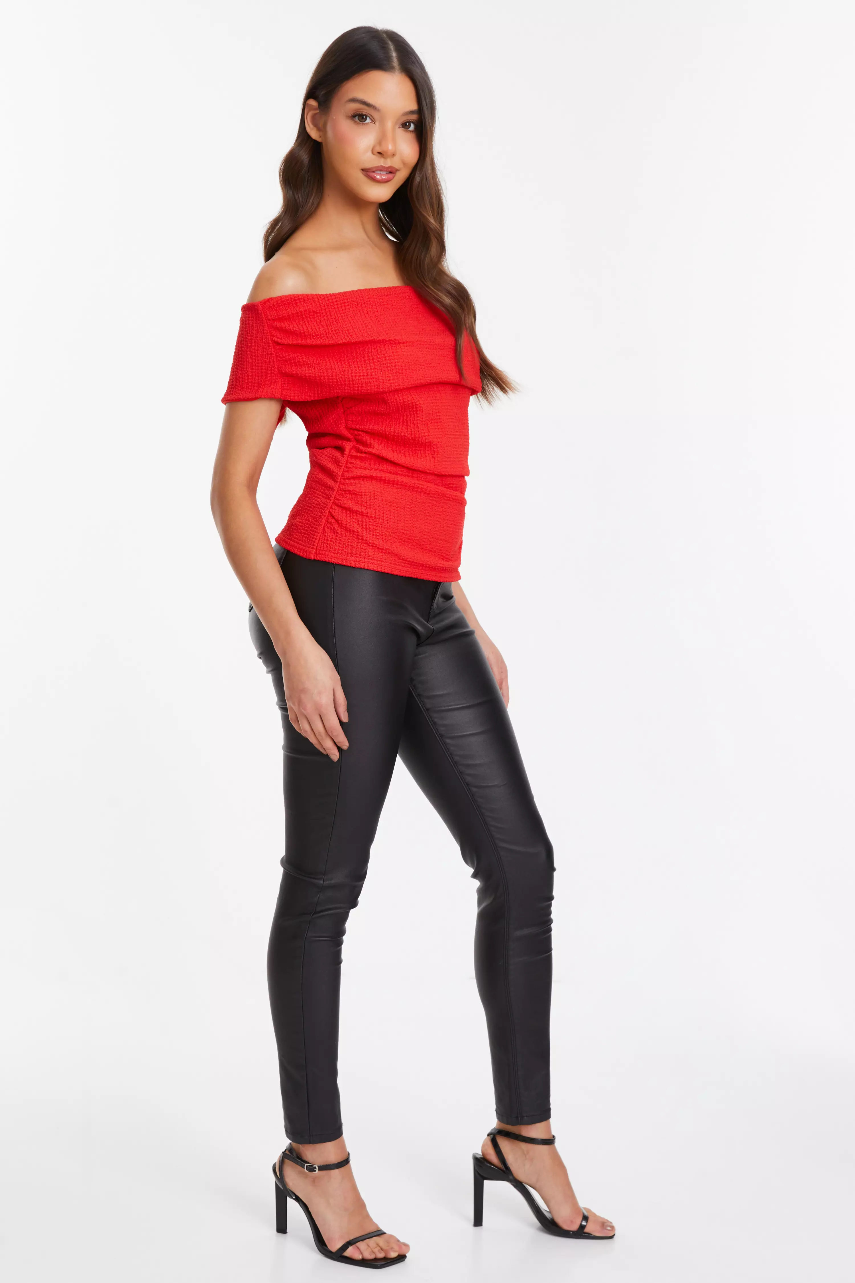 Red Textured Bardot Top