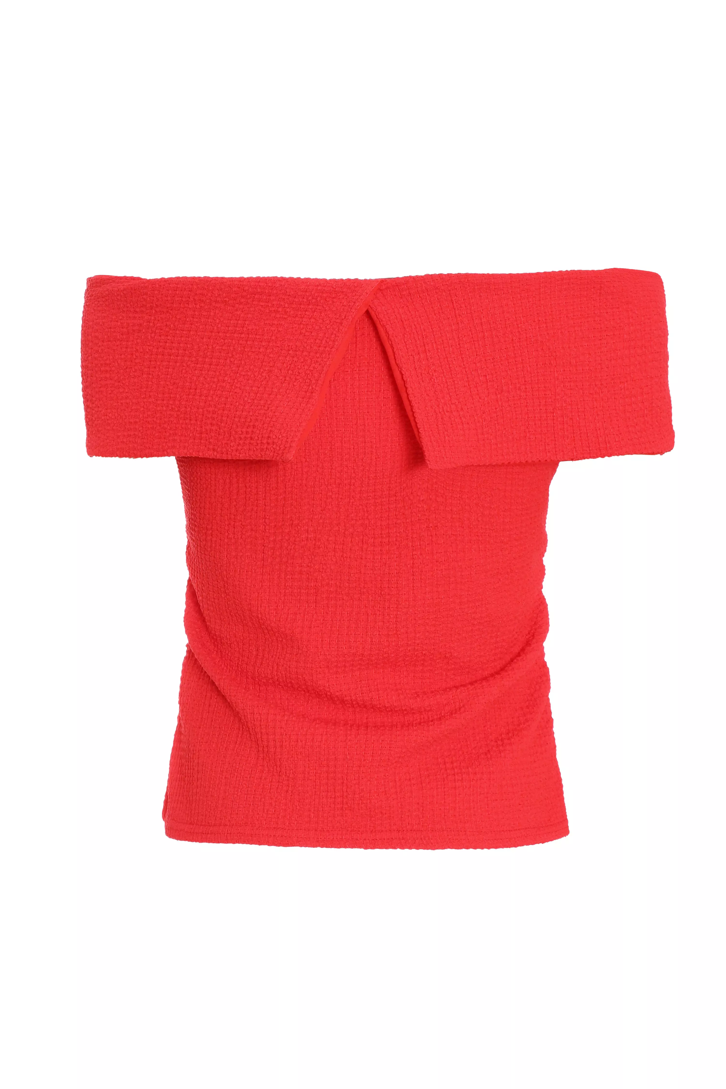 Red Textured Bardot Top