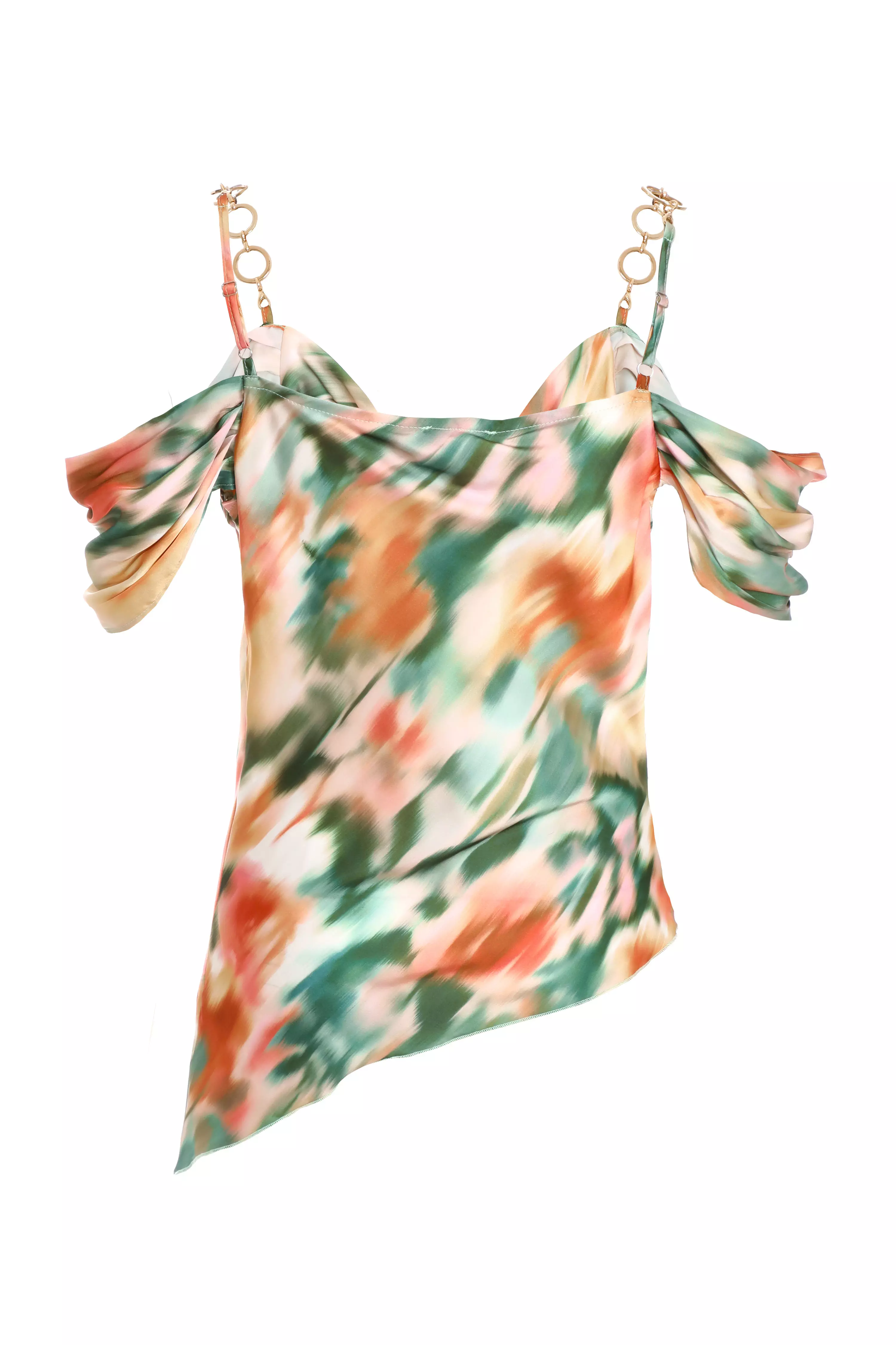 Multicoloured Marble Print Satin Asymmetric Top 