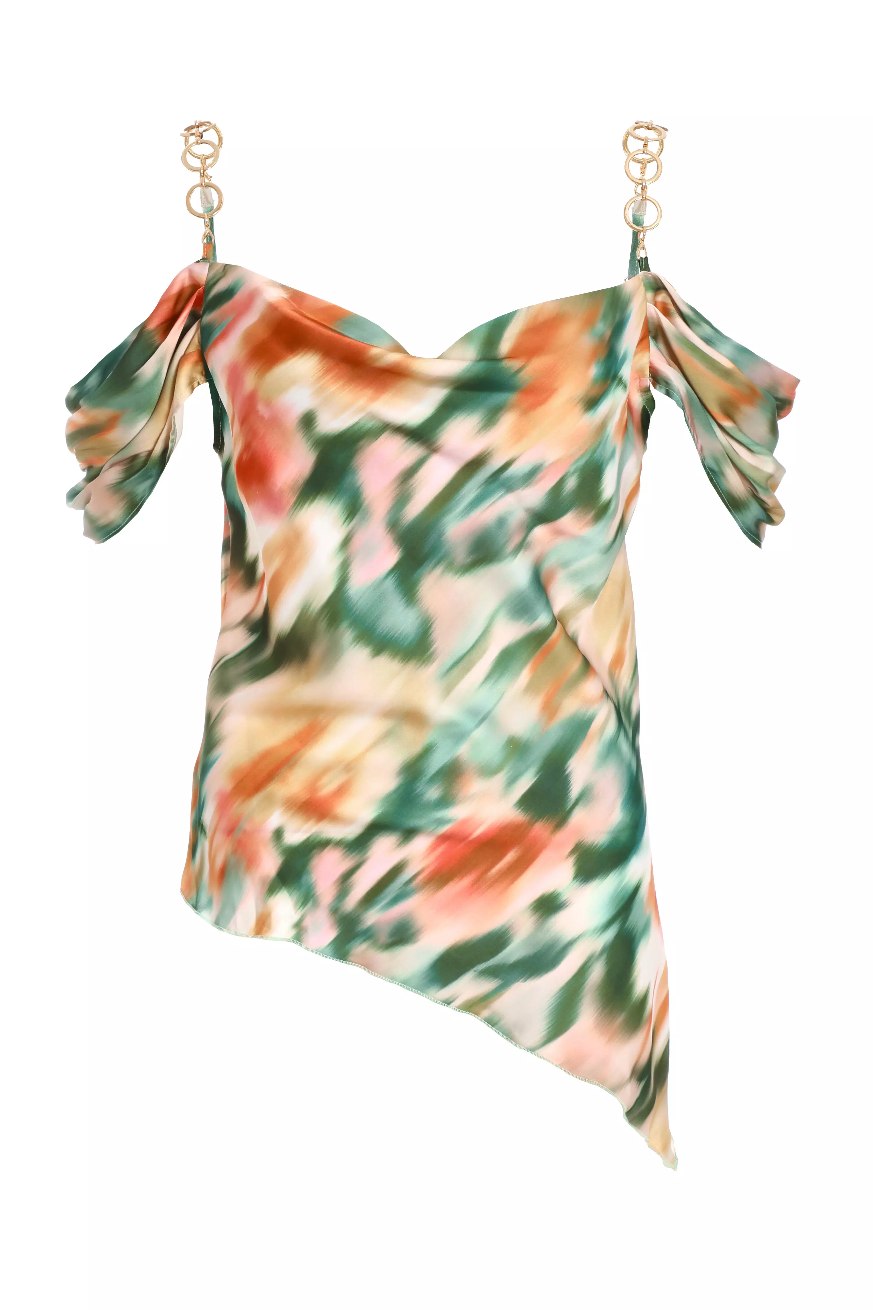 Multicoloured Marble Print Satin Asymmetric Top 