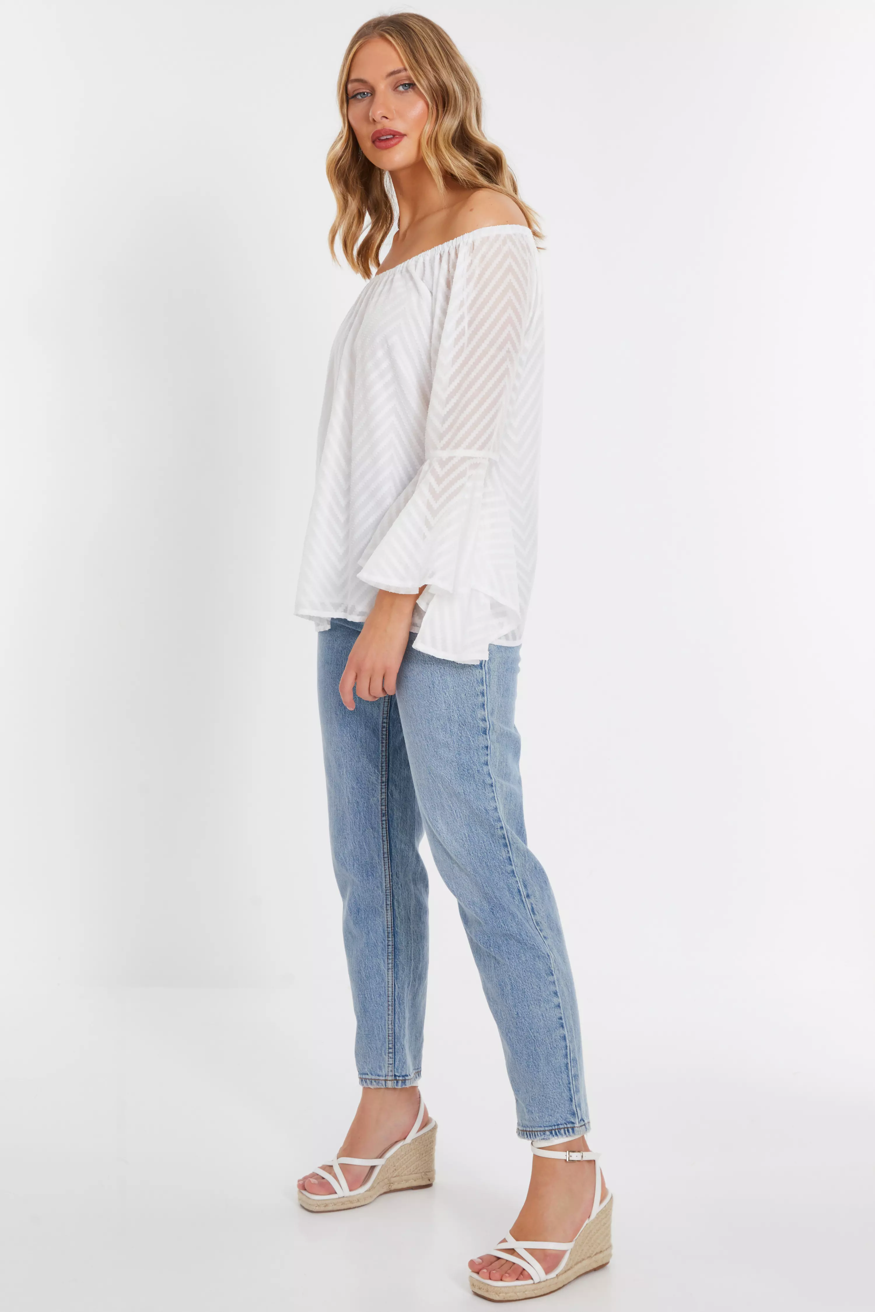 White Textured Chiffon Bardot Top