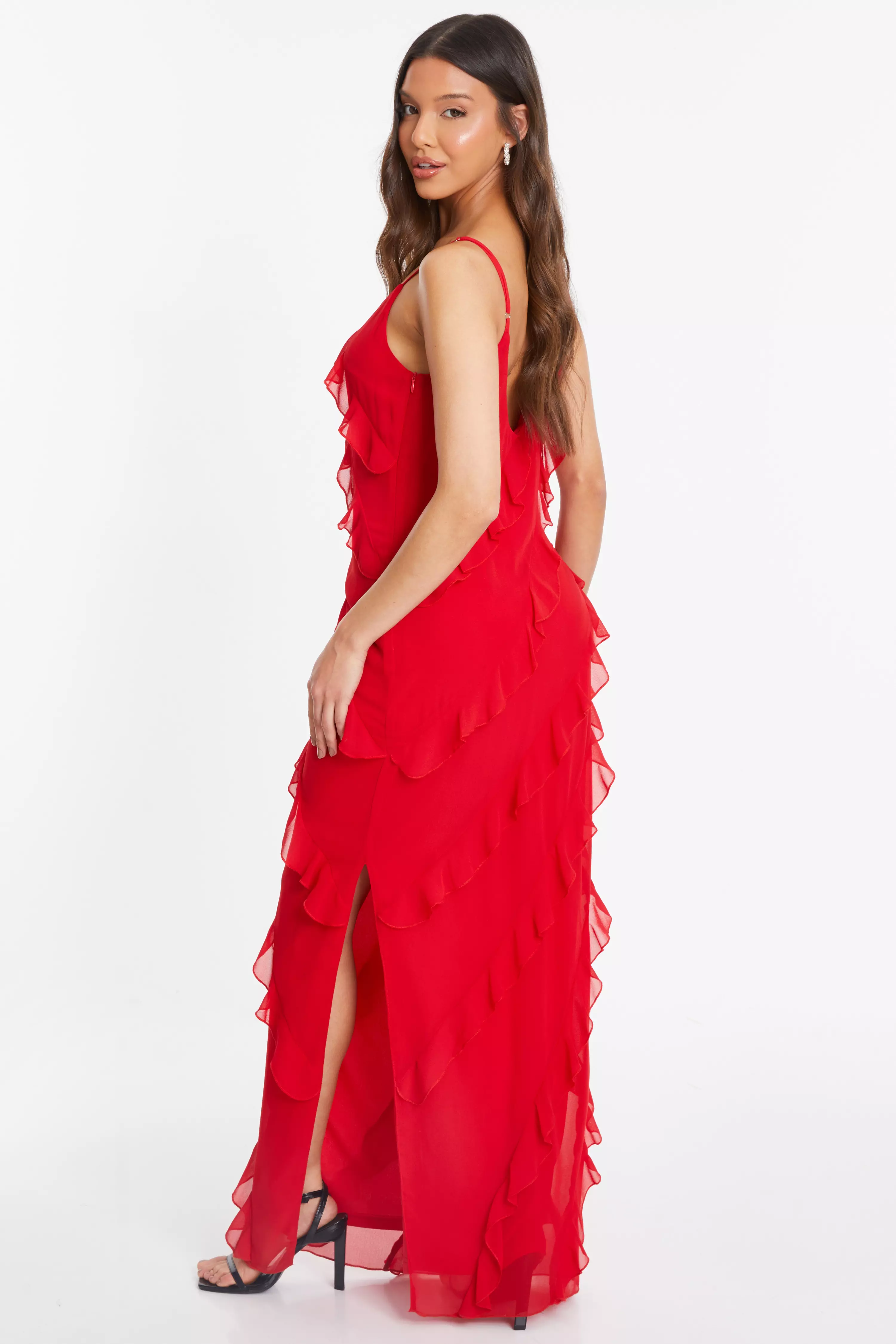 Red Chiffon Ruffle Maxi Dress