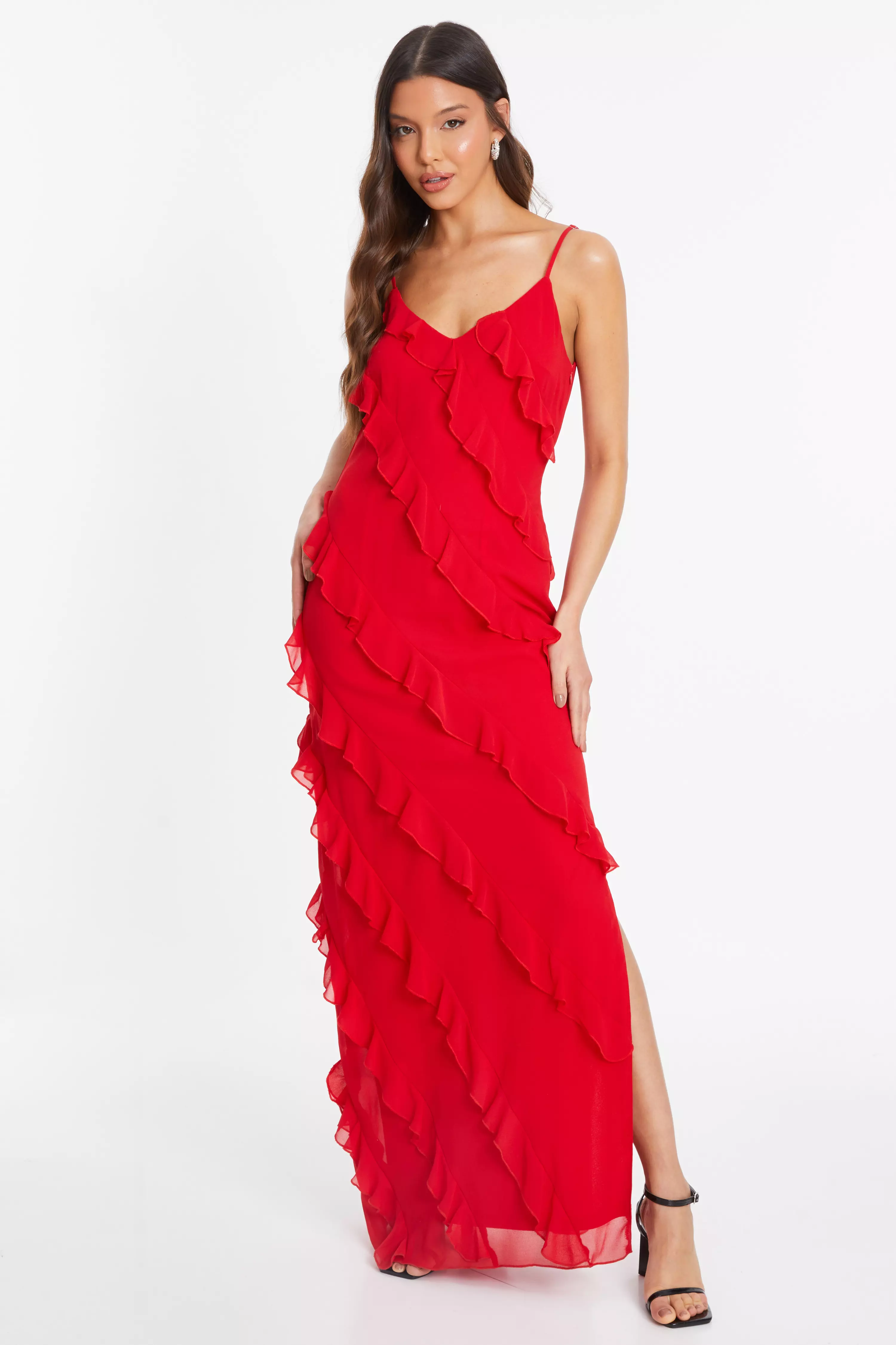 Red Chiffon Ruffle Maxi Dress