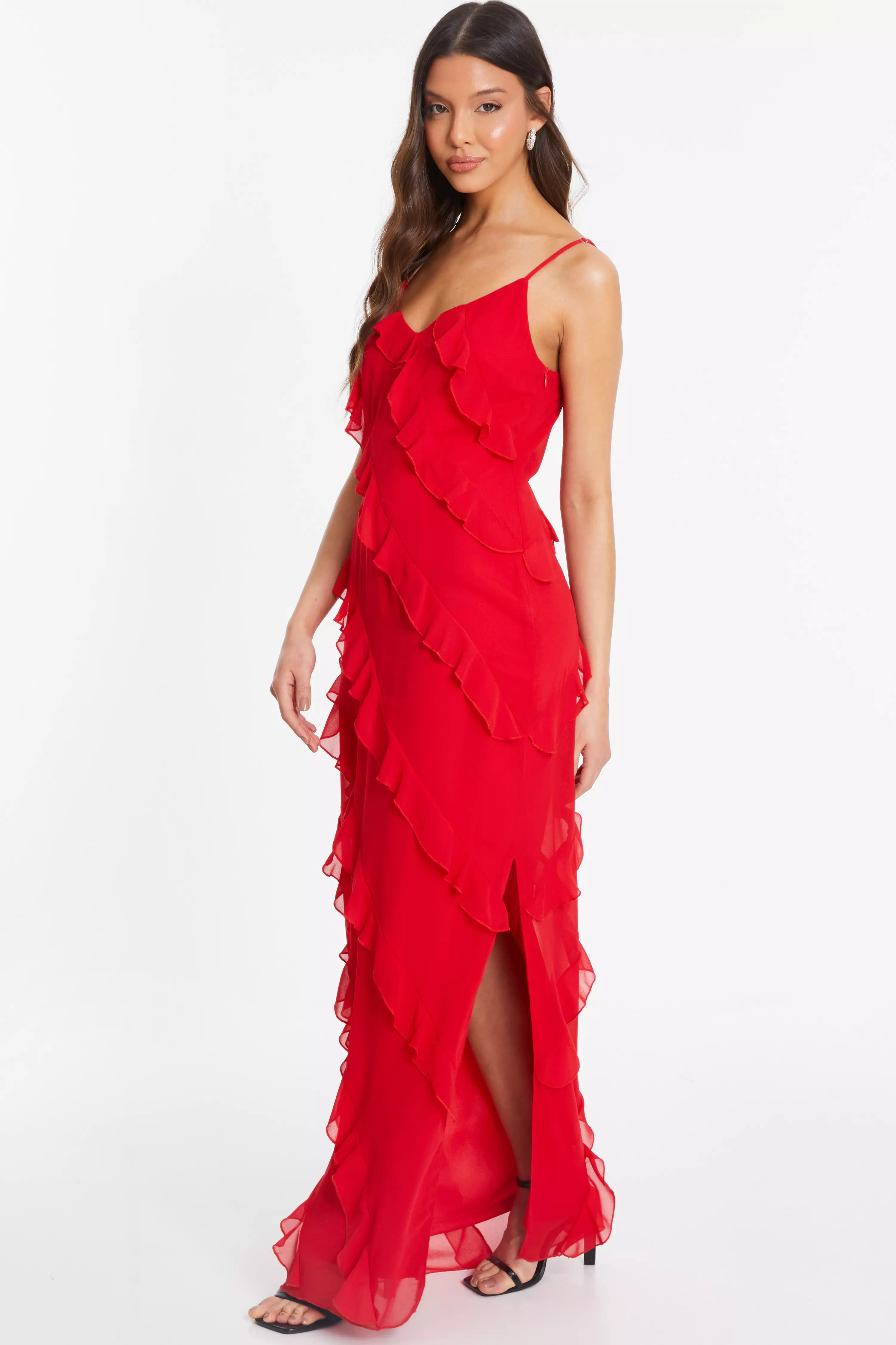 Red Chiffon Ruffle Maxi Dress