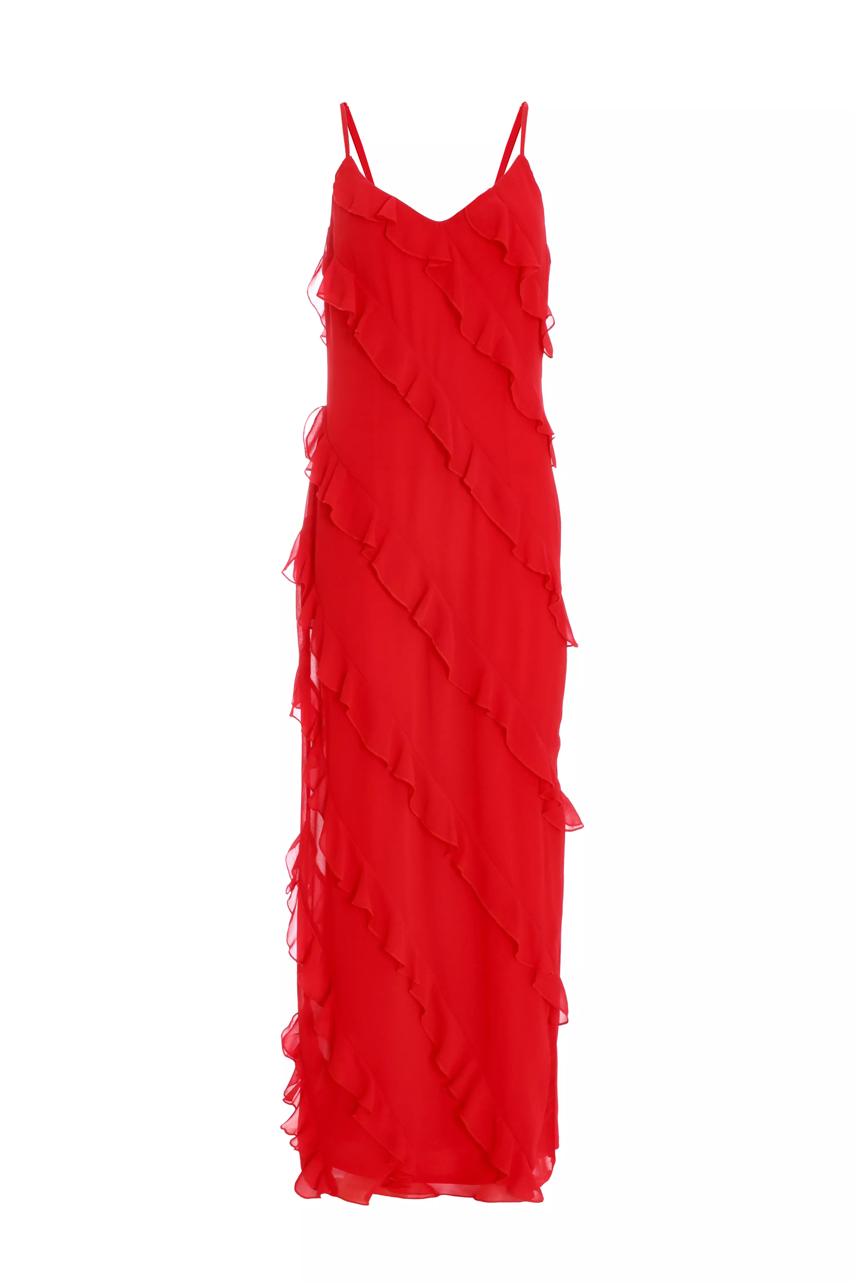 Red Chiffon Ruffle Maxi Dress