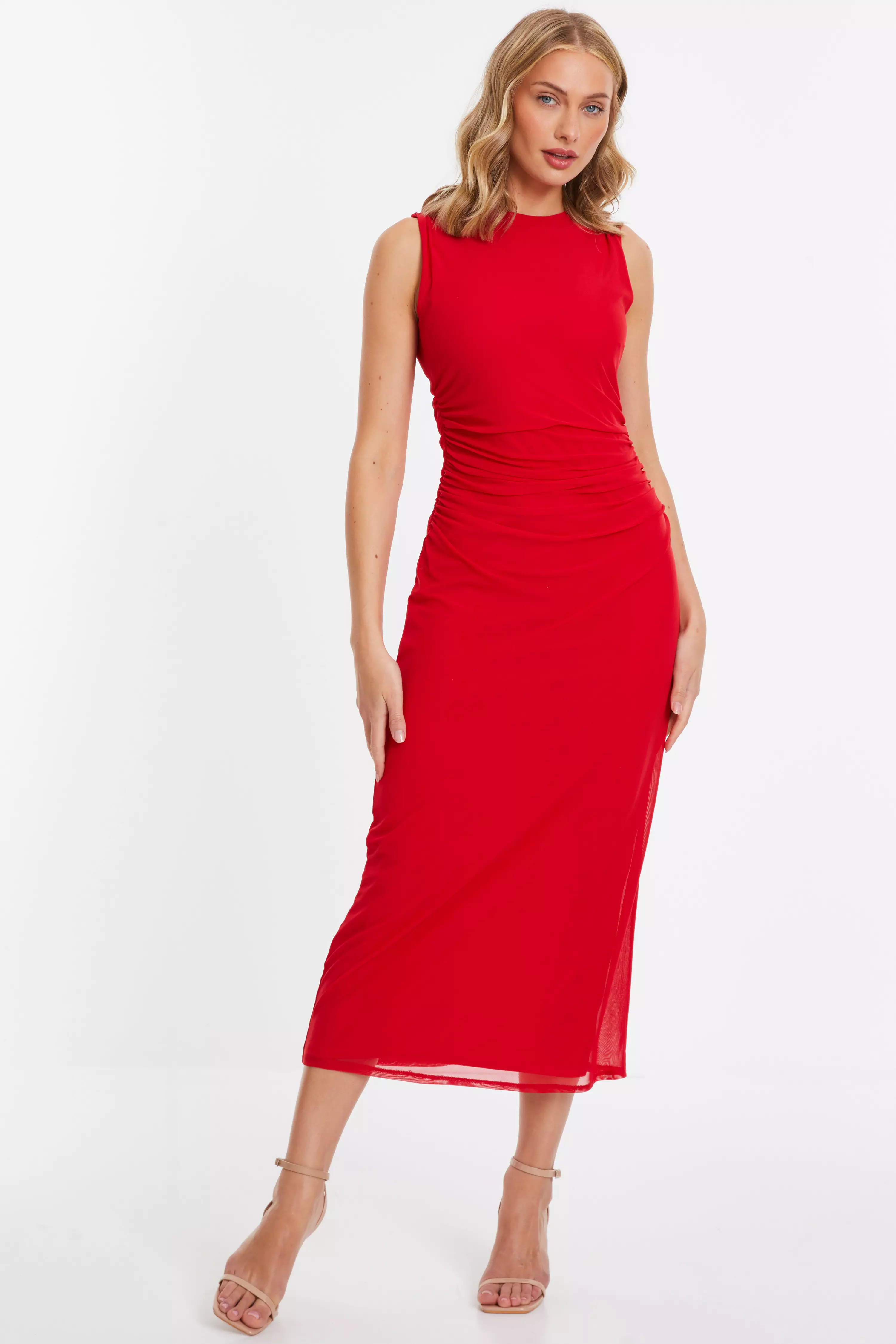 Red Mesh Ruched Bodycon Midaxi Dress