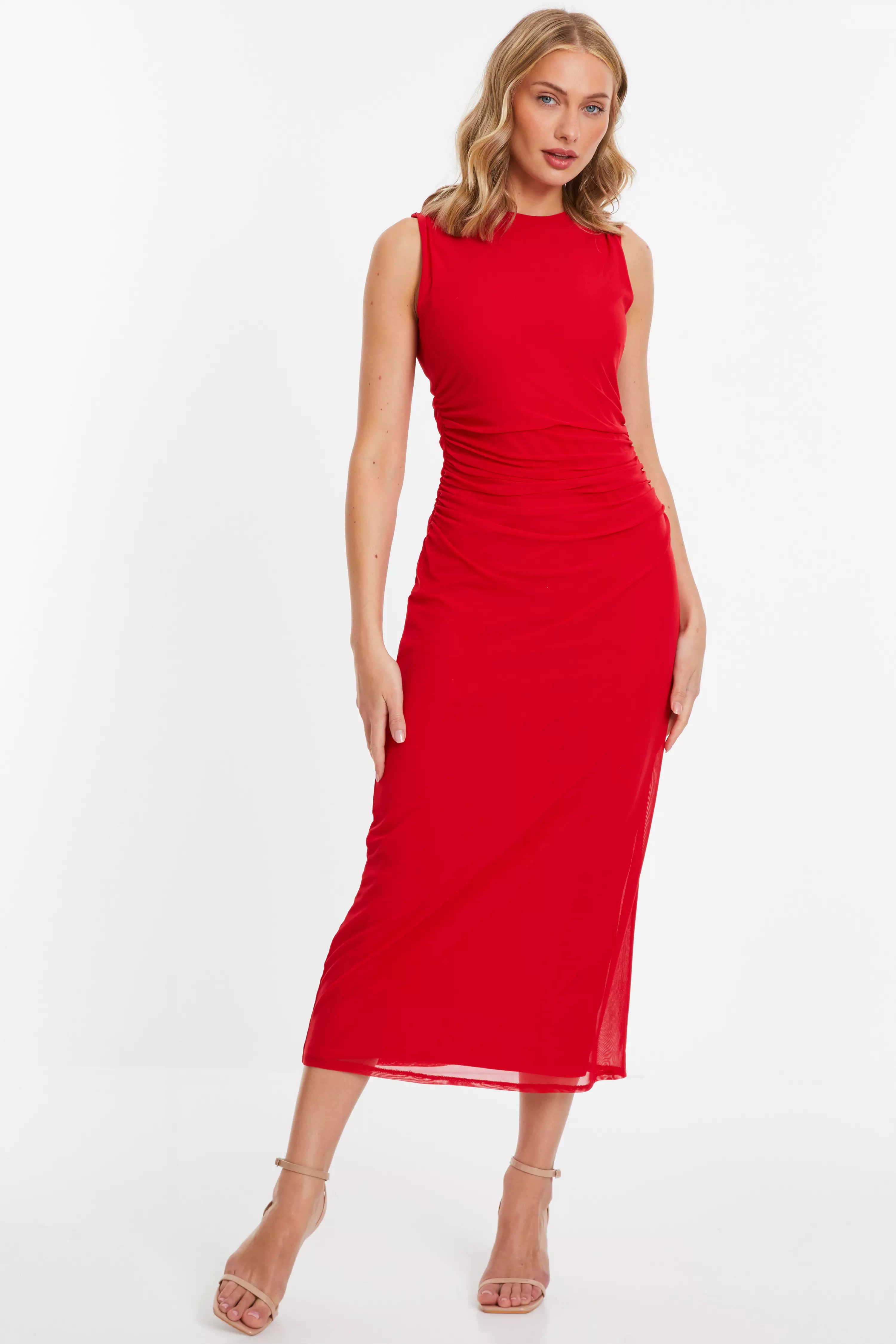 Red Mesh Ruched Boydcon Midaxi Dress