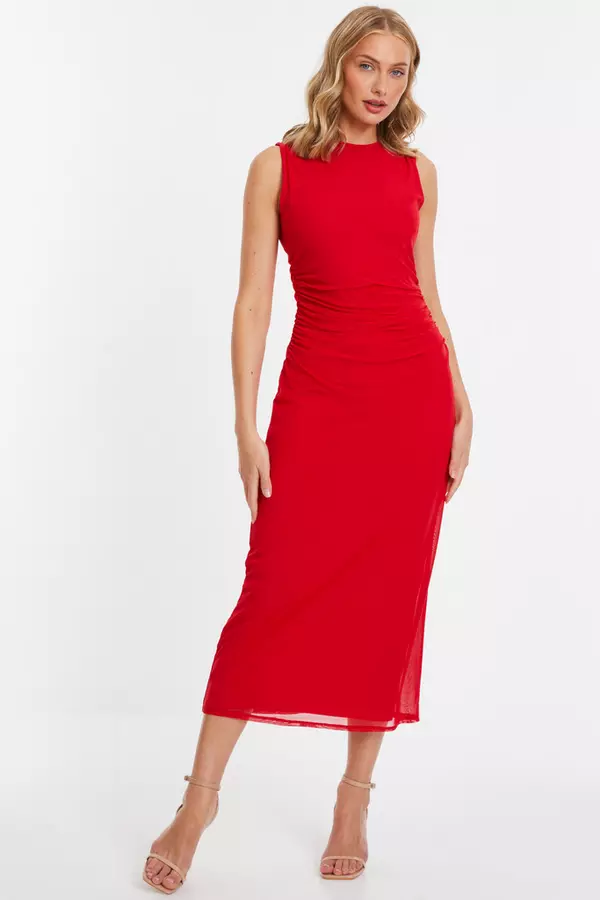 Red Mesh Ruched Midaxi Dress