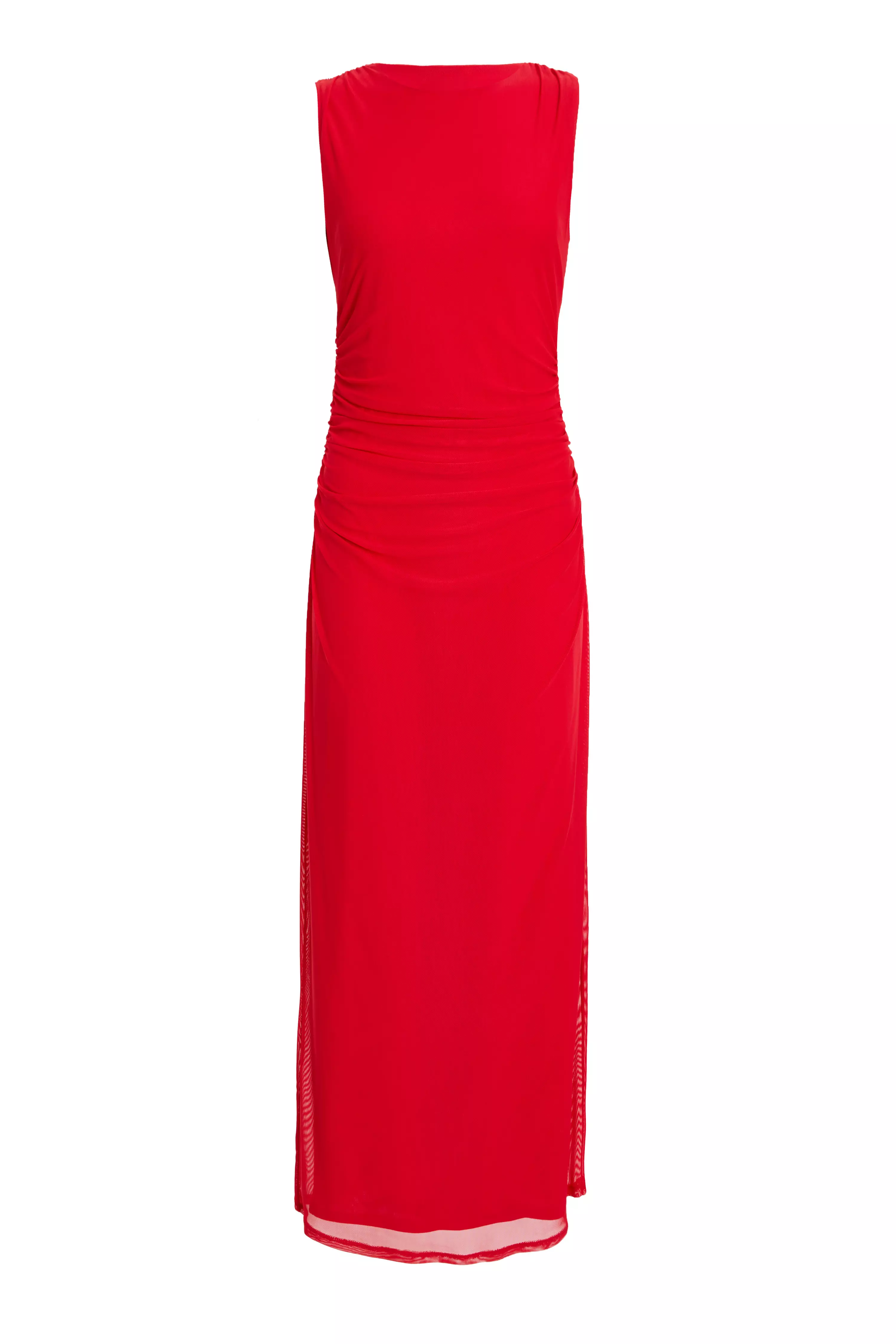 Red Mesh Ruched Bodycon Midaxi Dress